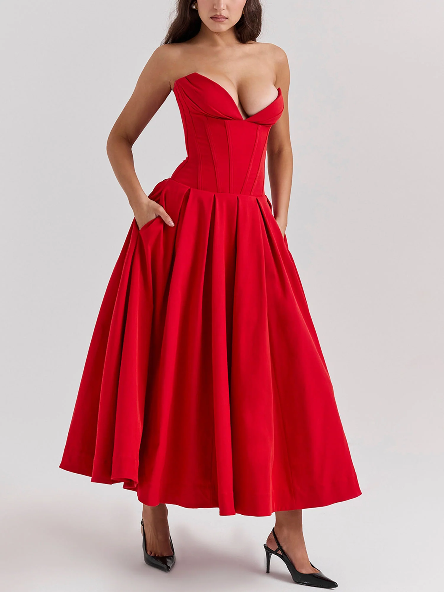 Red Strapless Fit-and-Flare Midi Dress