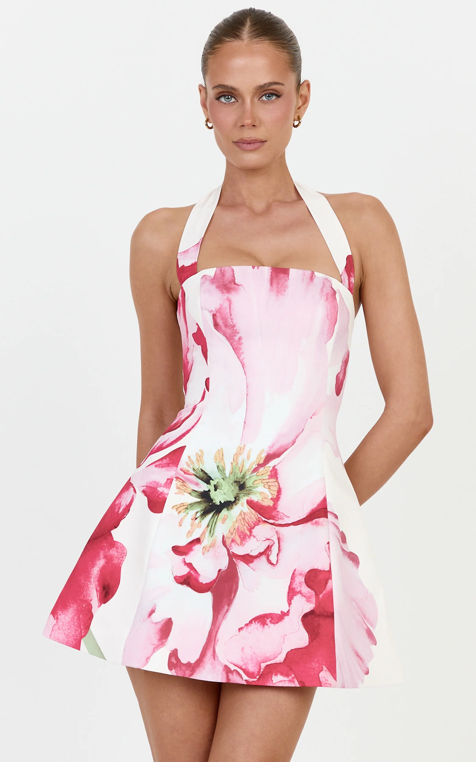 Alessia Mini Dress - Halter Neck Tie A Line Skirt Dress in Painted Poppy Print