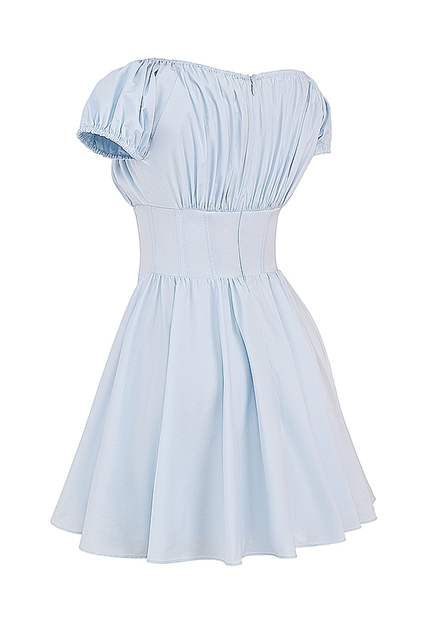 Soft Blue Cotton Gathered Mini Dress