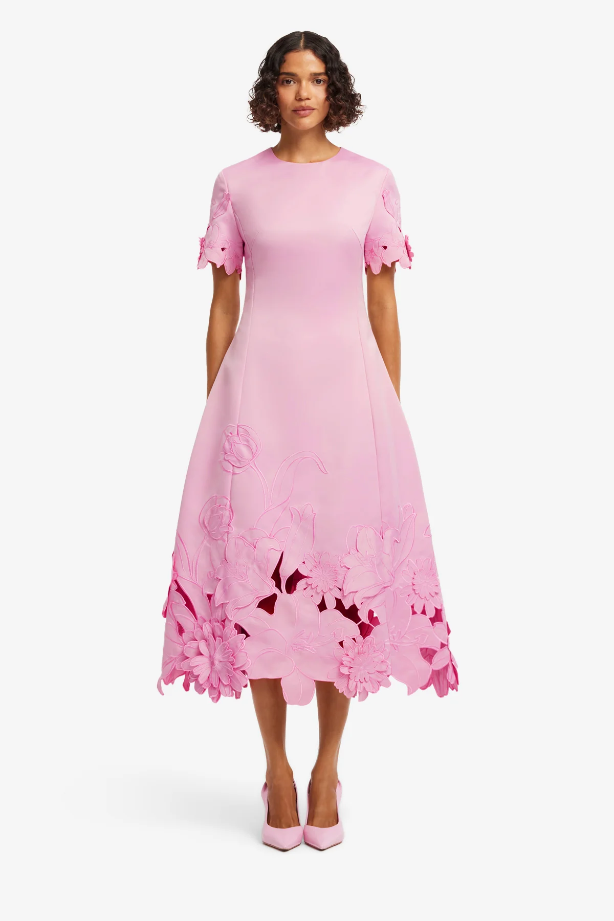 Caroline Appliqué Short Sleeve Midi Dress - Flamingo