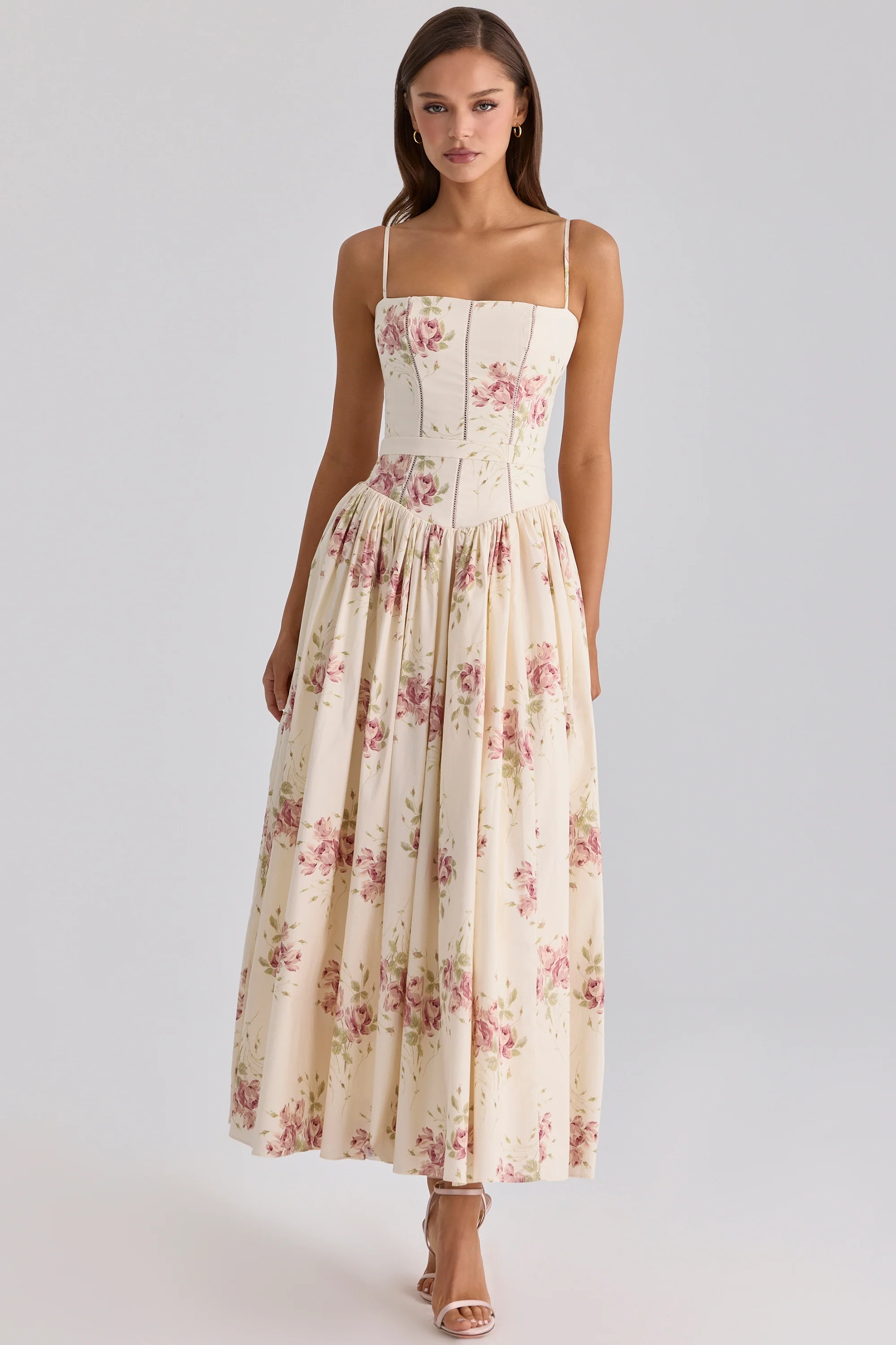 Ivory Vintage Rose Print Cotton Midi Sundress
