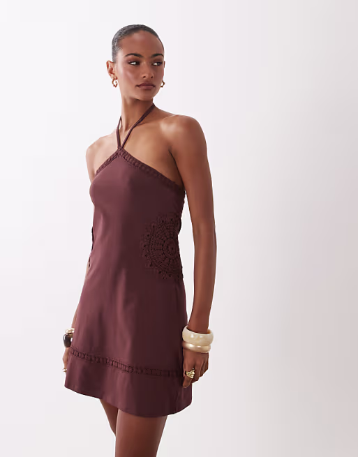 fit and flare crochet patch halter mini dress chocolate