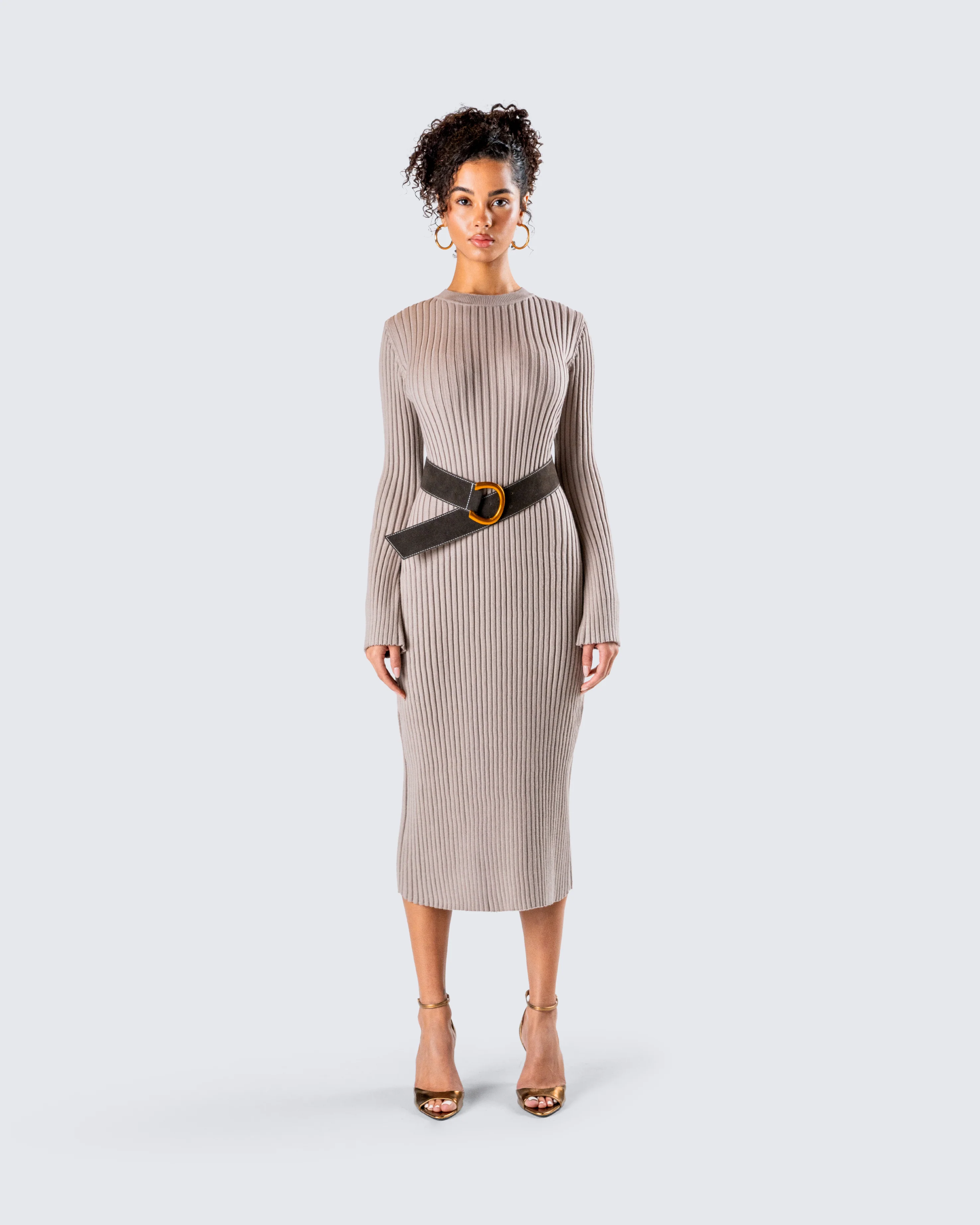 Rejina Taupe Wide Rib Midi Dress