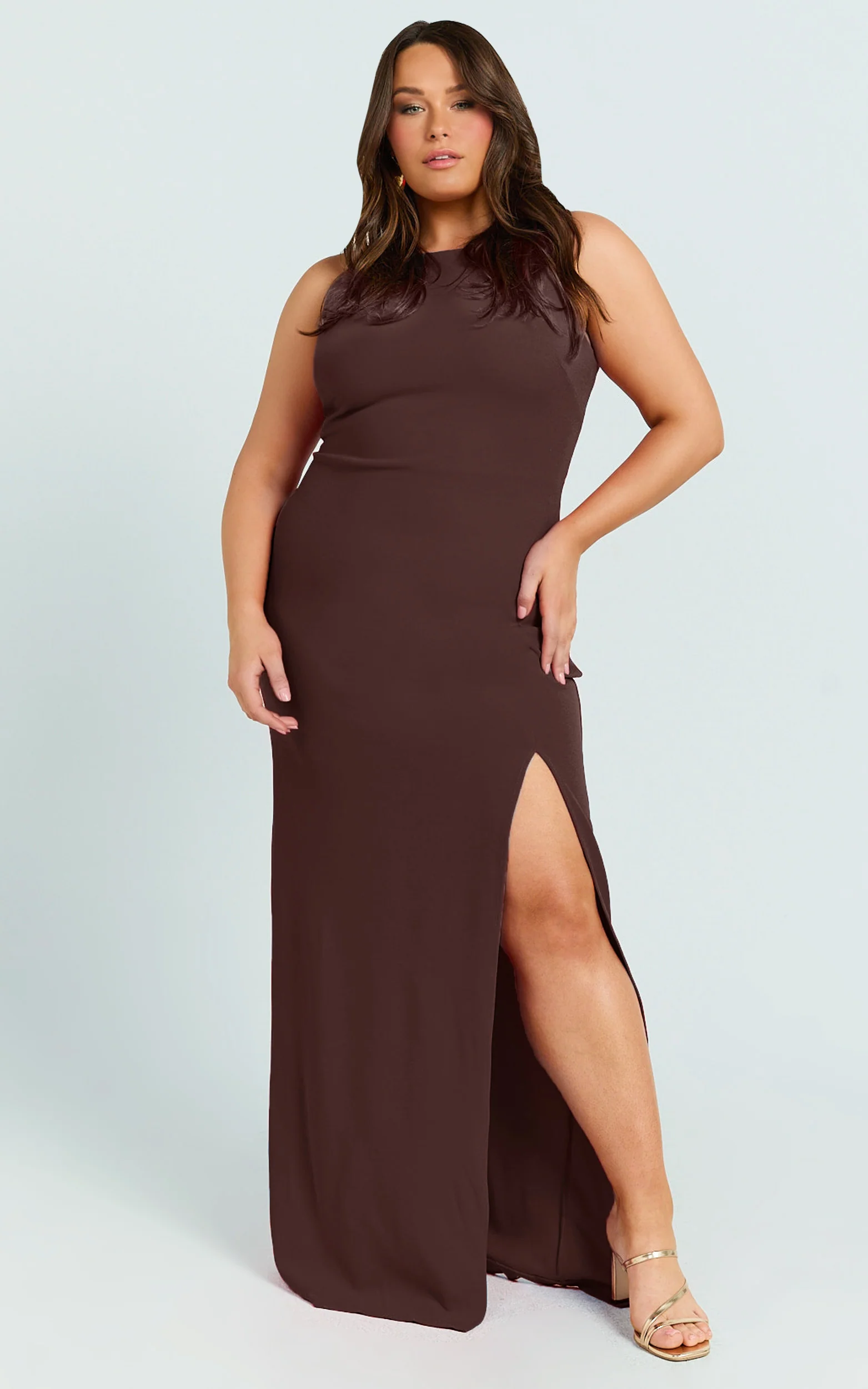 Indi Maxi Dress - Boat Neck Bodycon Dress in Chocolate