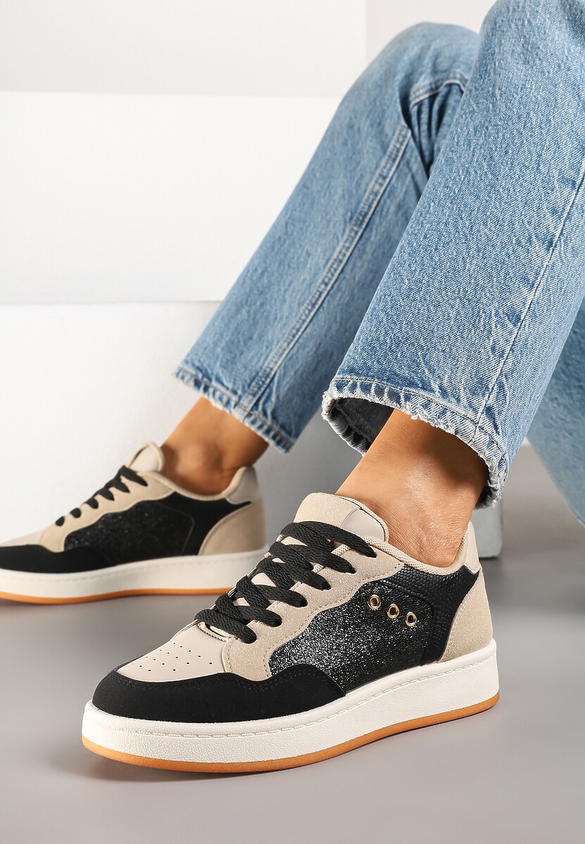 Czarno-Beżowe Streetwearowe Sneakersy Zdobione Przeszyciami Neonisea