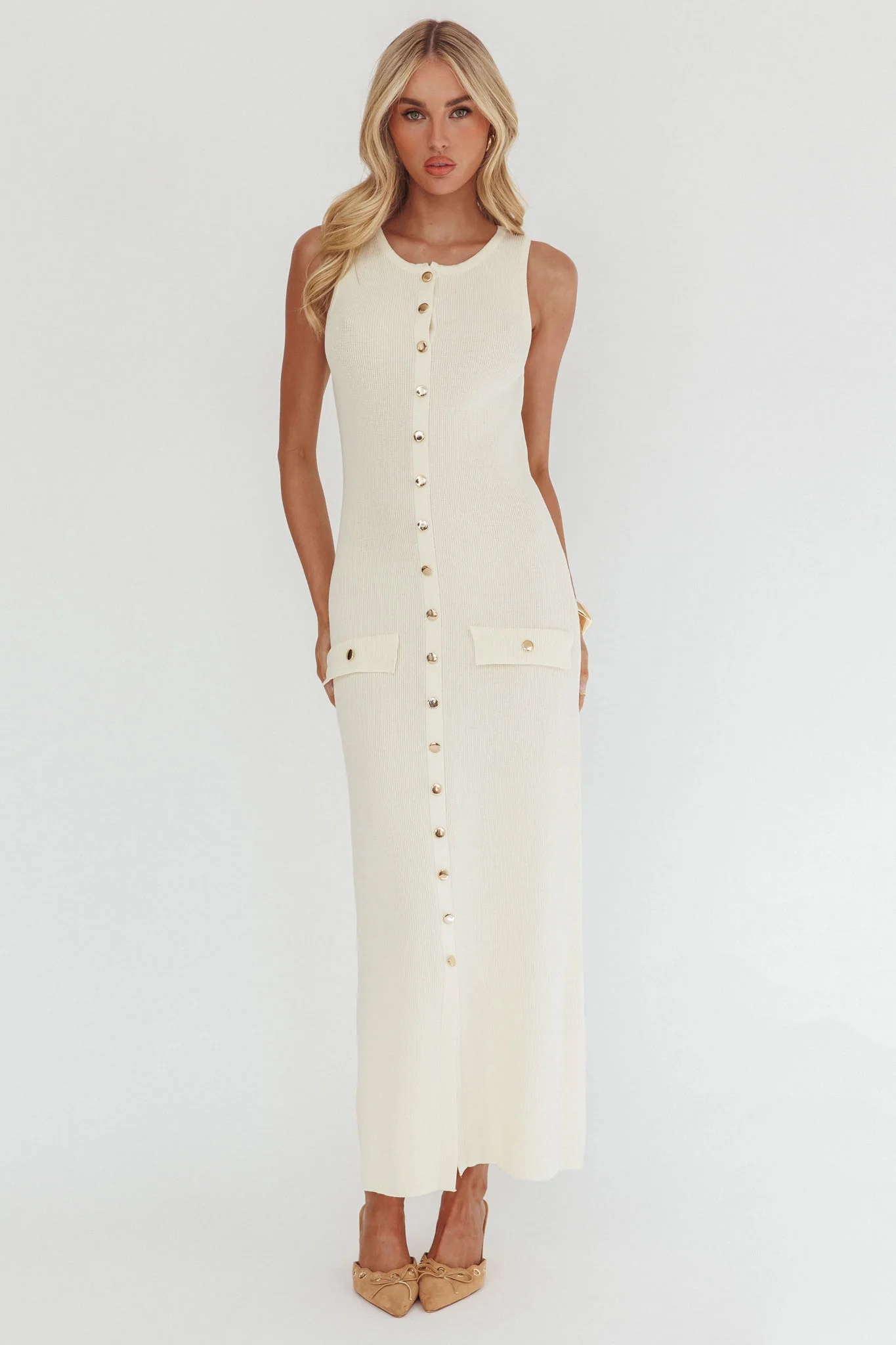 Kelani Gold Button Knit Maxi Dress Cream - luluinthesky