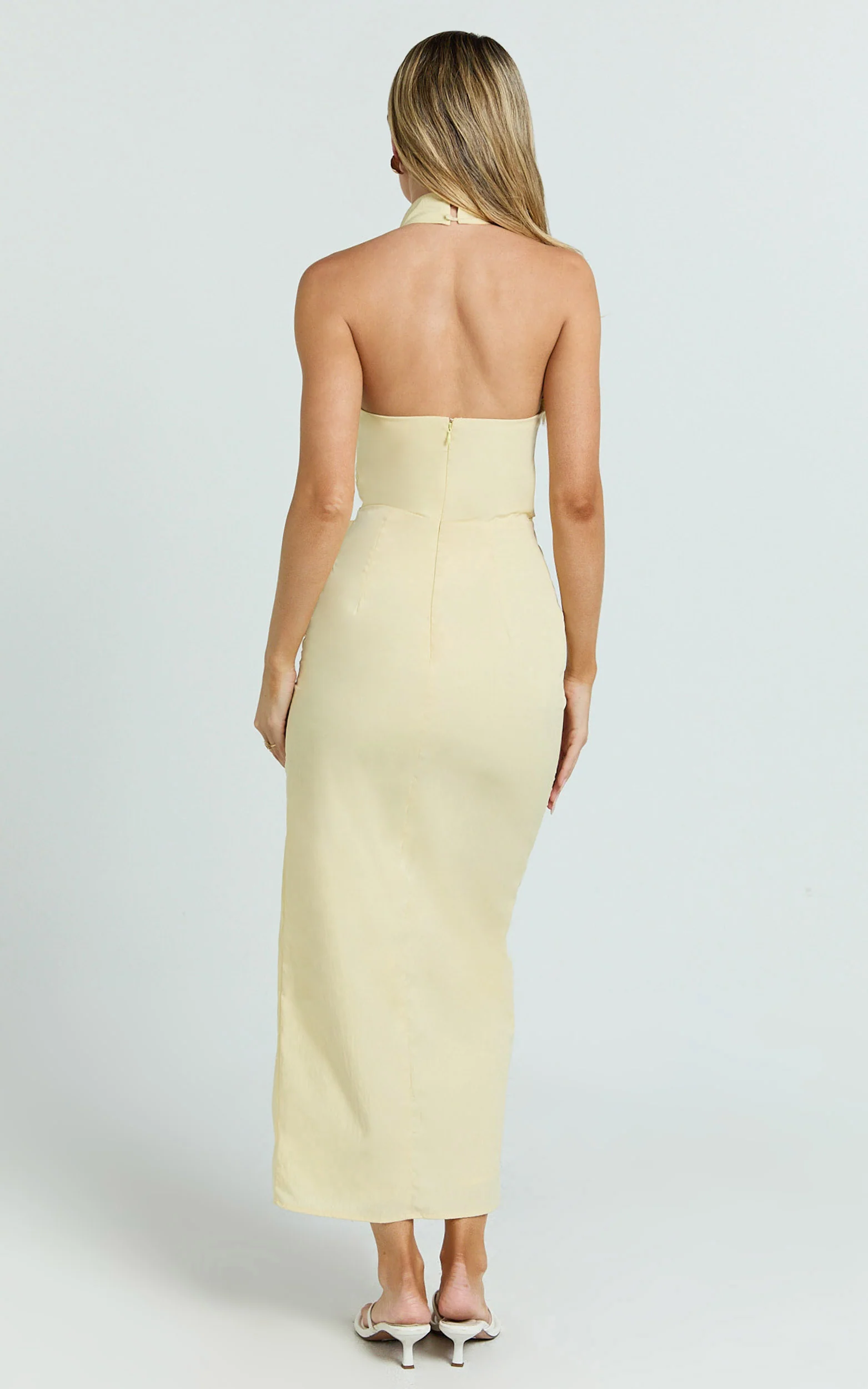 Finn Midi Dress - Folded Cowl Halter With Front Leg Split in Lemon