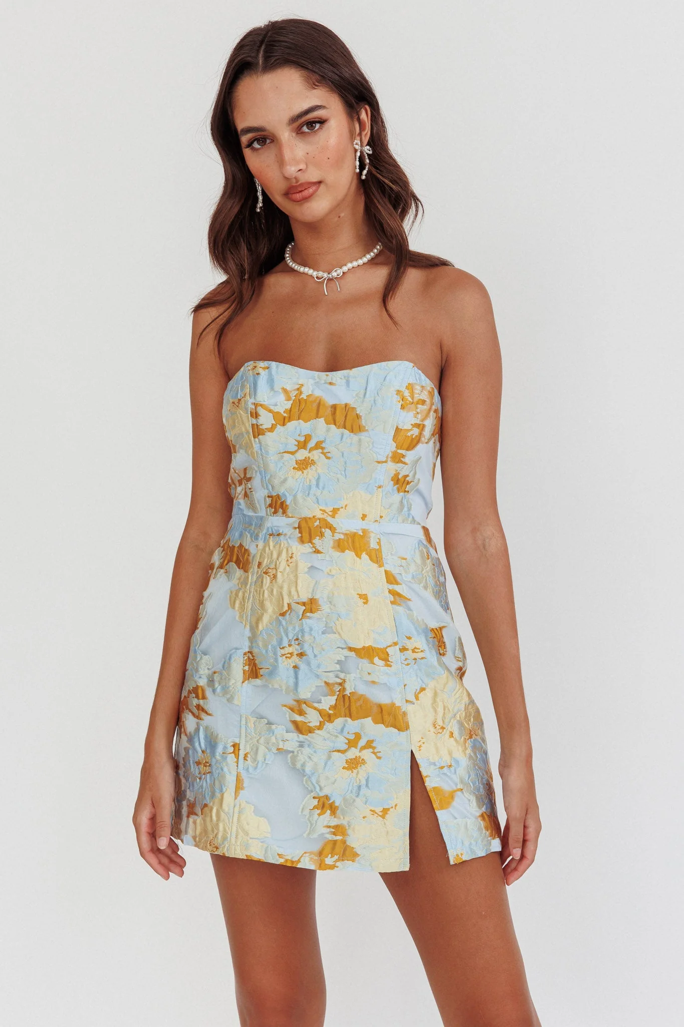 Marlina Strapless Jacquard Mini Dress Blue - luluinthesky