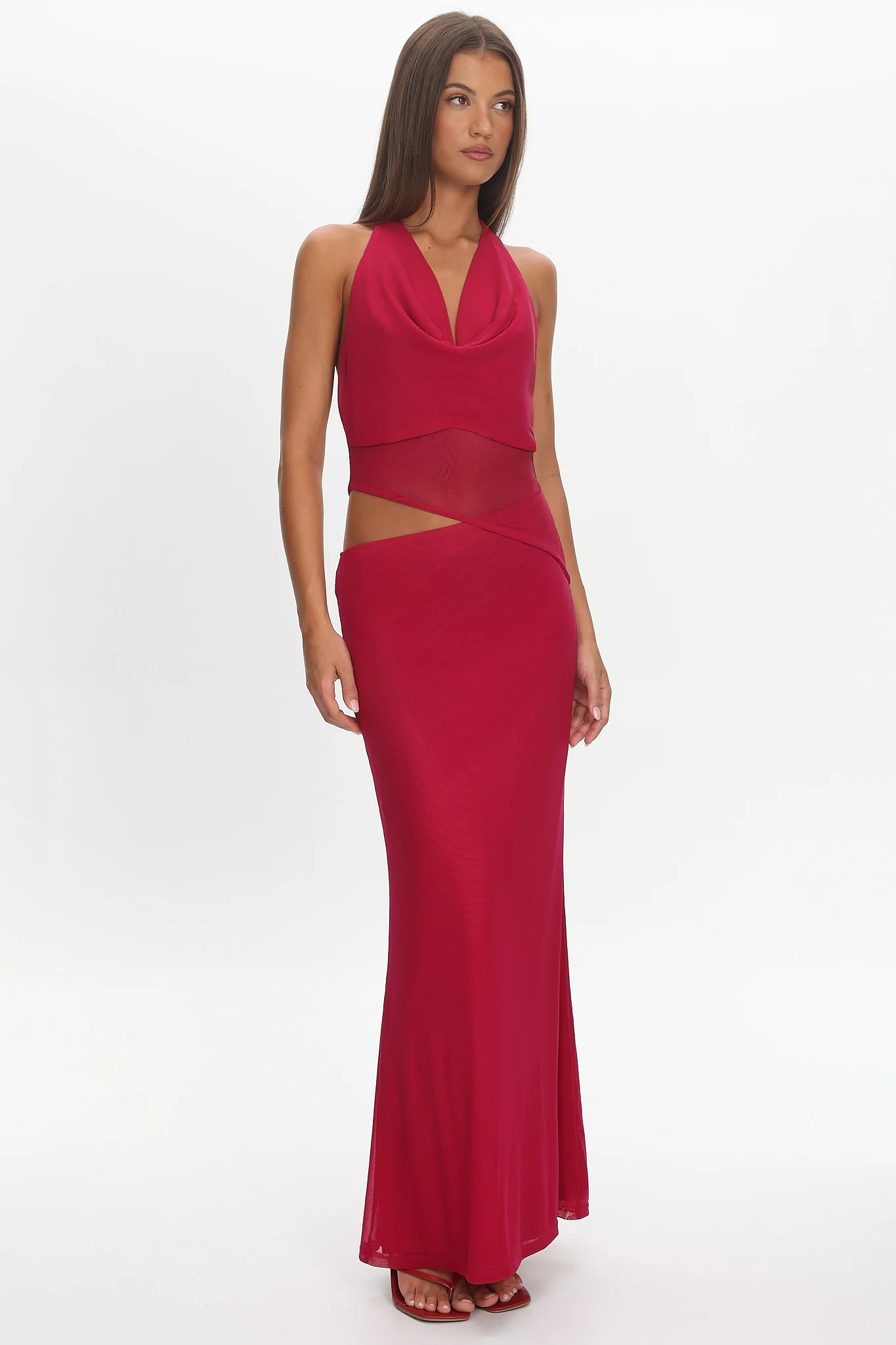 Playing Games Cut-Out Cowl Halter Dress Berry