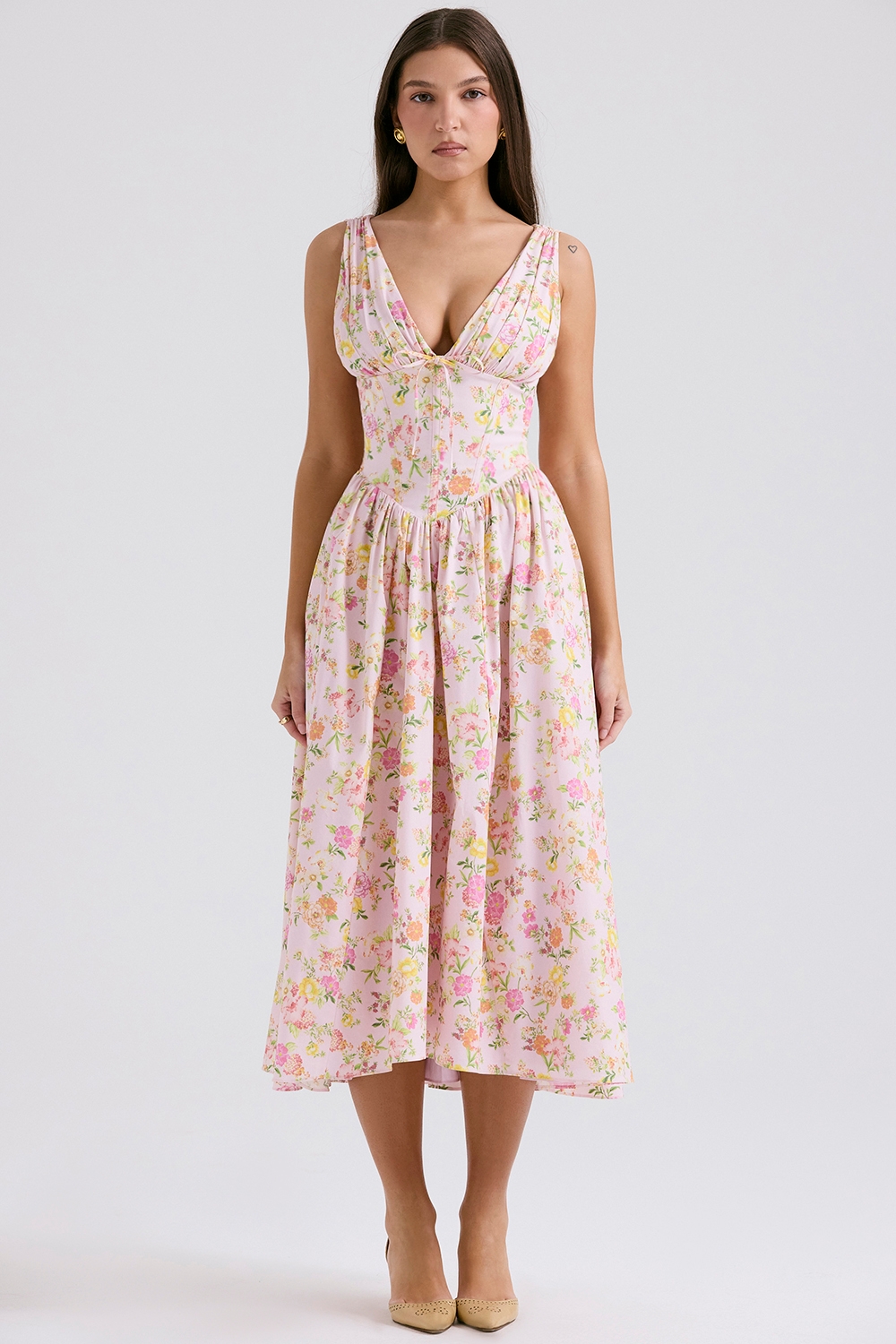 pink meadow print cotton corset sundress