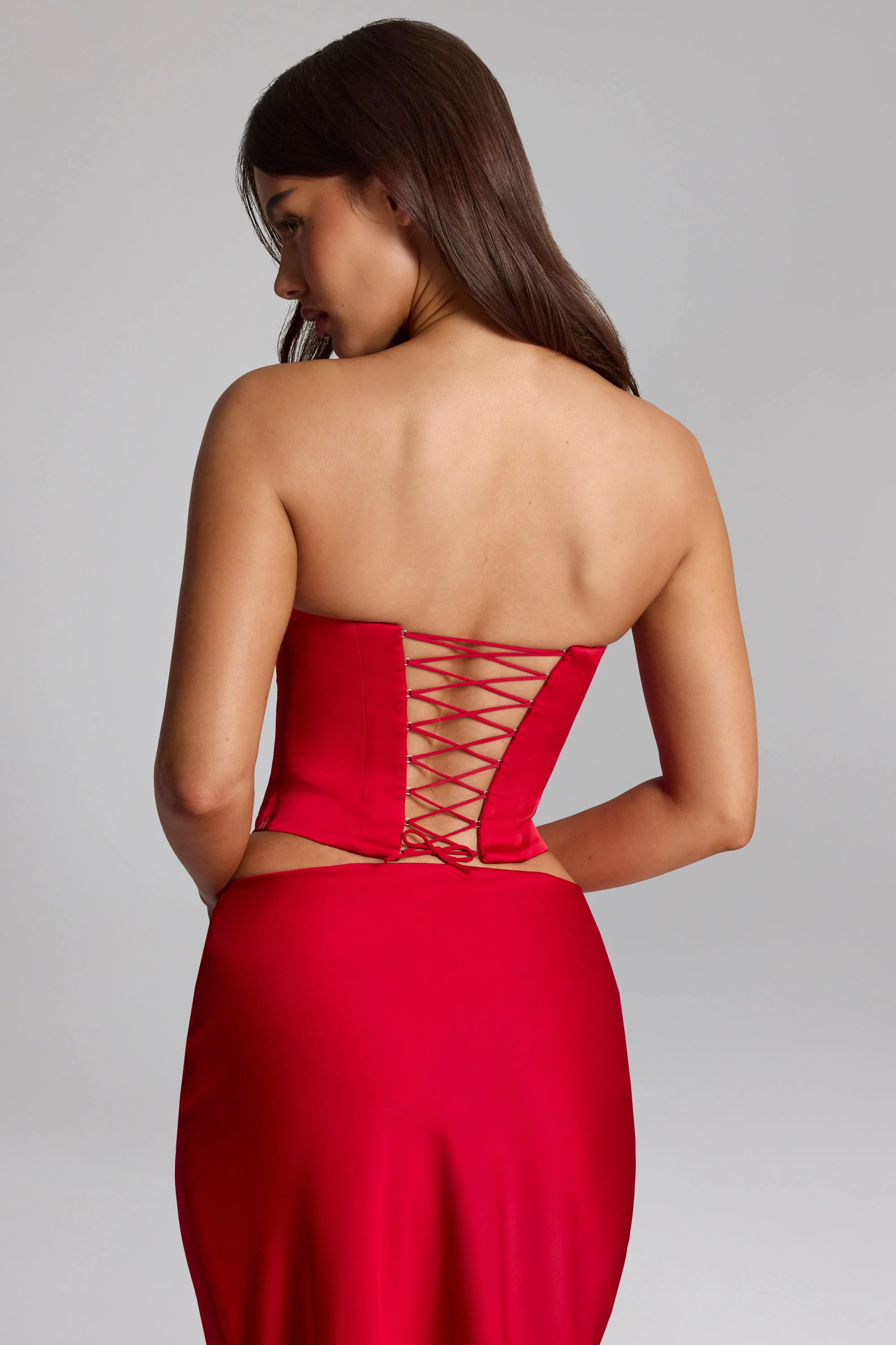 Curved Lace-Up Corset Top in Fire Red