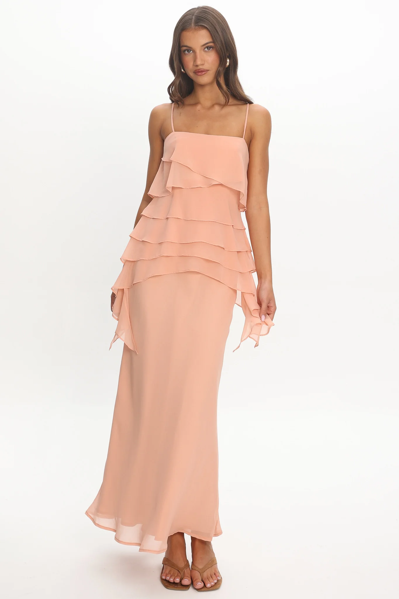 Olita Tiered Ruffle Slip Maxi Dress Apricot - luluinthesky