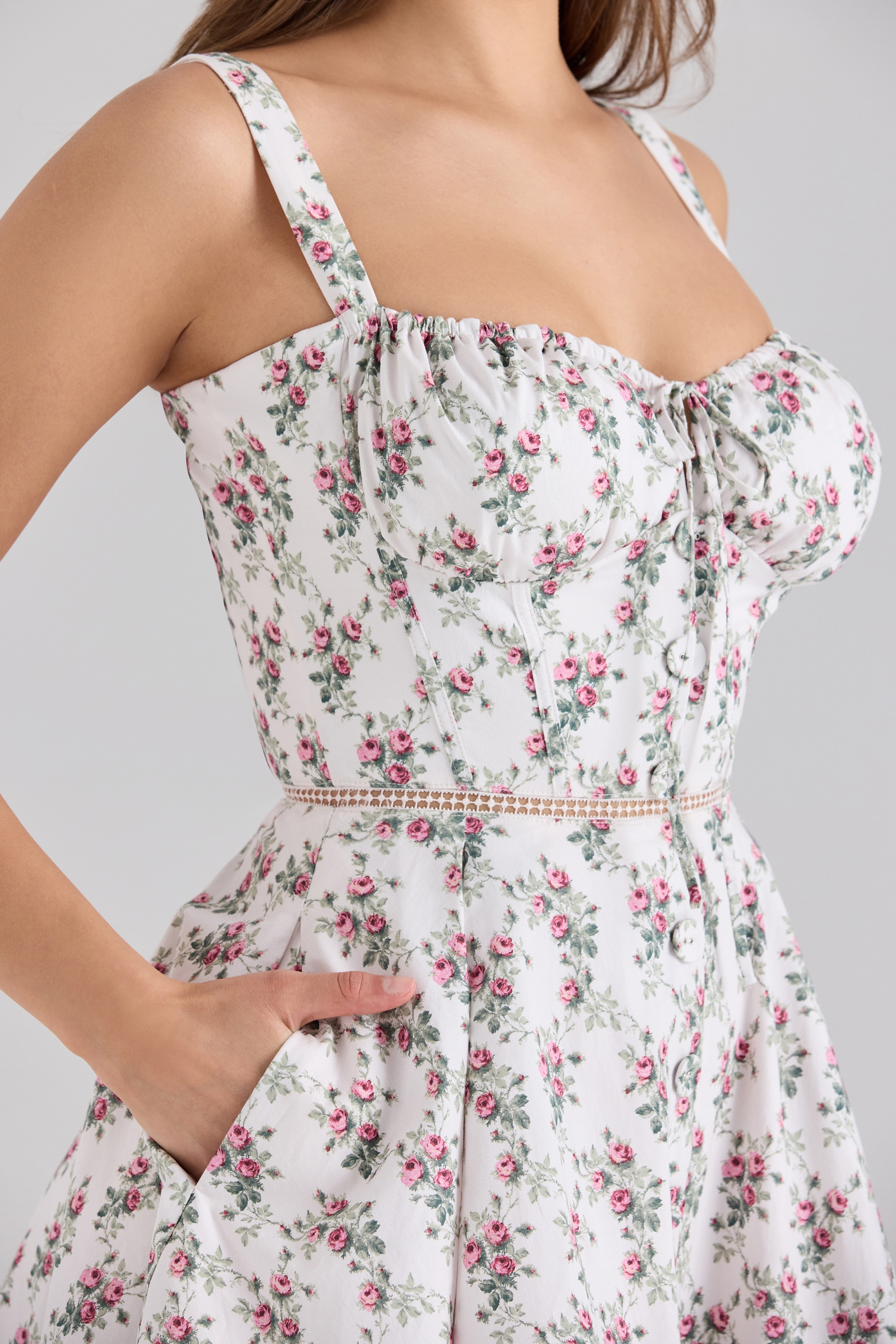 Cream Rose Print Stretch Cotton Mini Dress