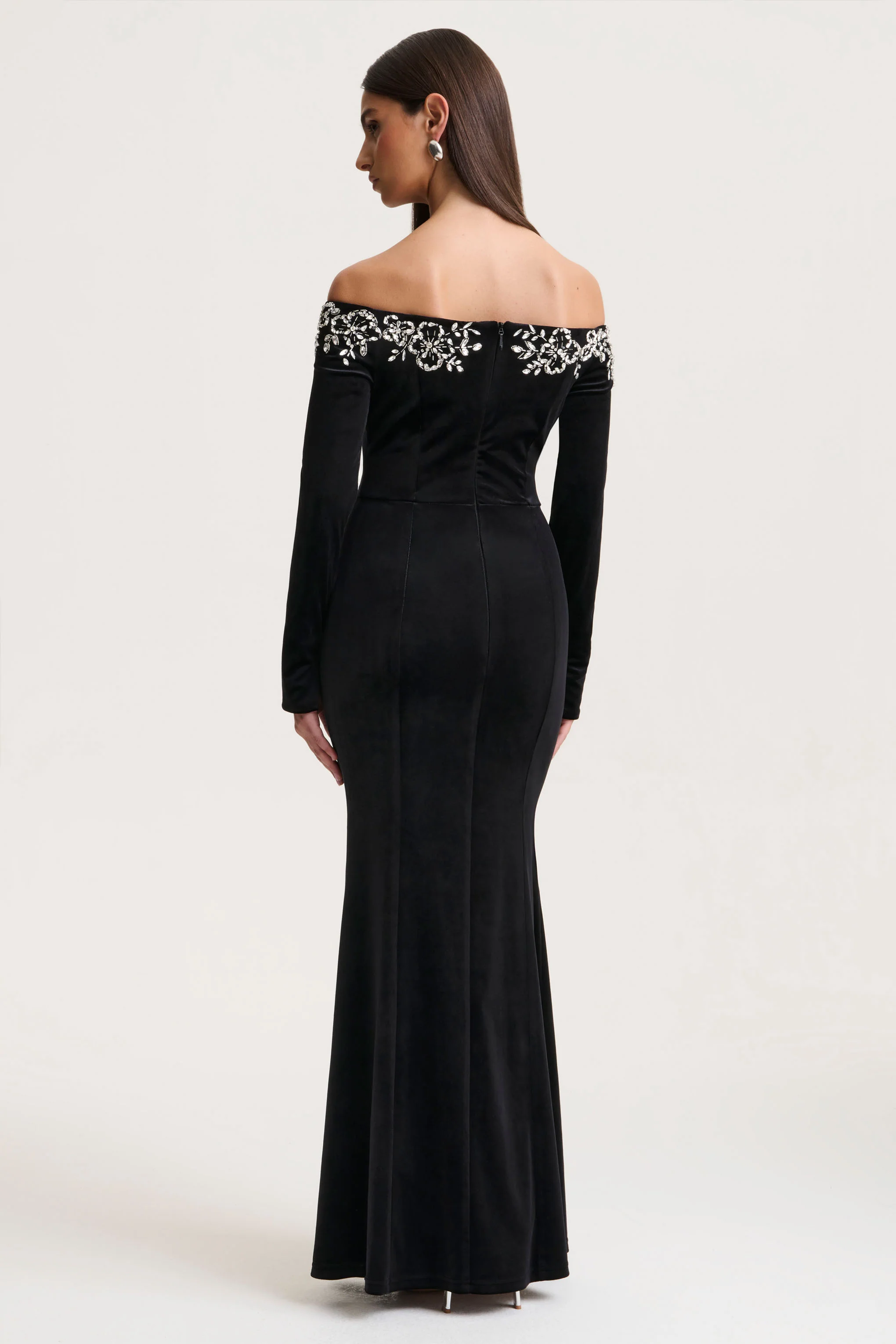 Fern | Black Velvet Embellished Bardot-Neck Maxi Dress