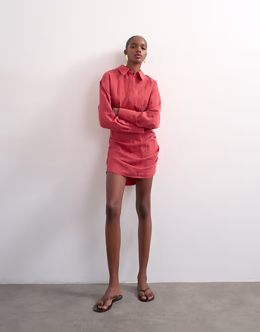 Topshop gathered skirt mini shirt dress in rust