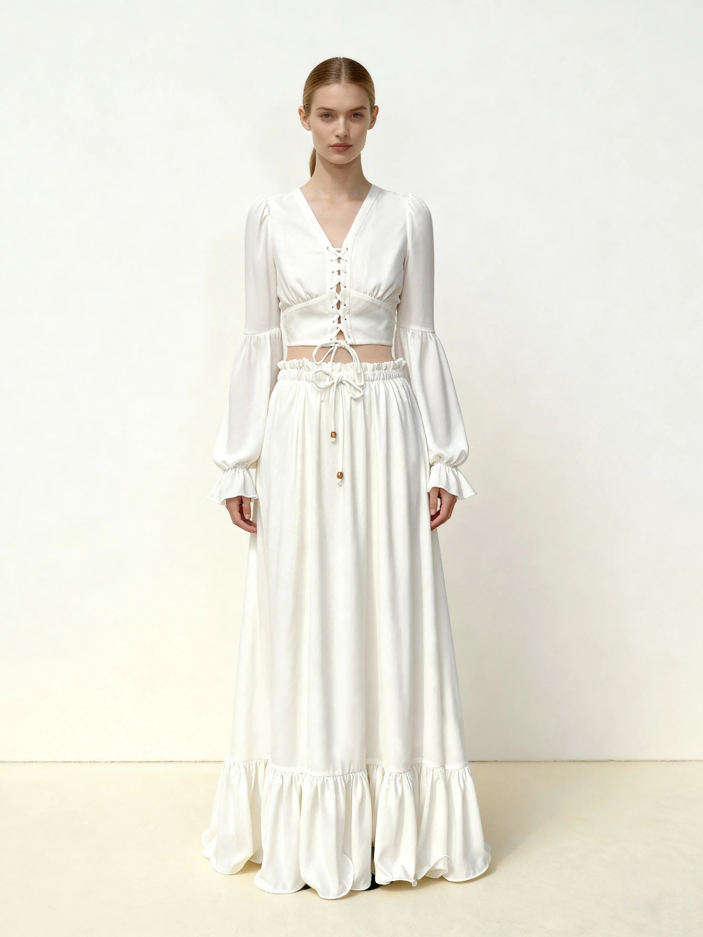 Chiffon Lantern-Sleeve Tie-Front Cropped Blouse - White