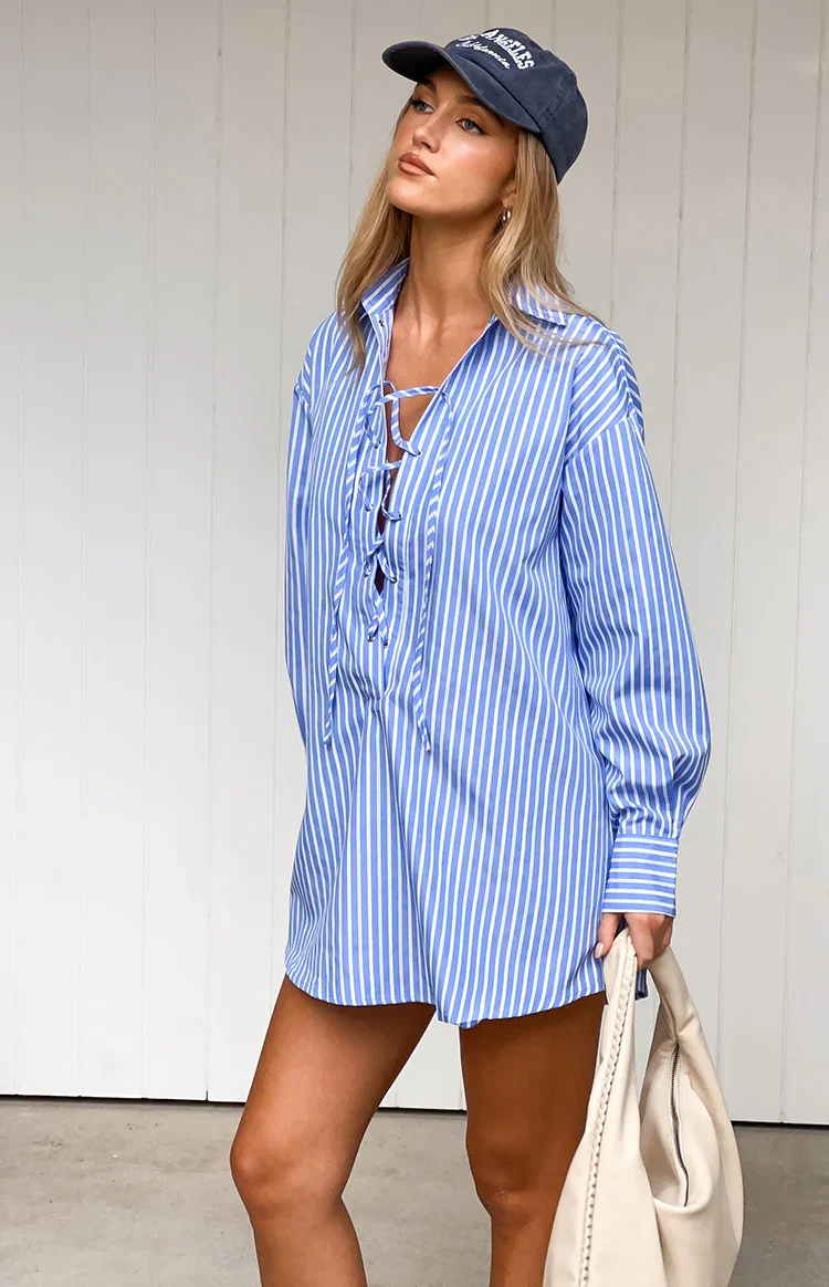 Jasper Blue Pinstripe Lace Up Shirt Dress