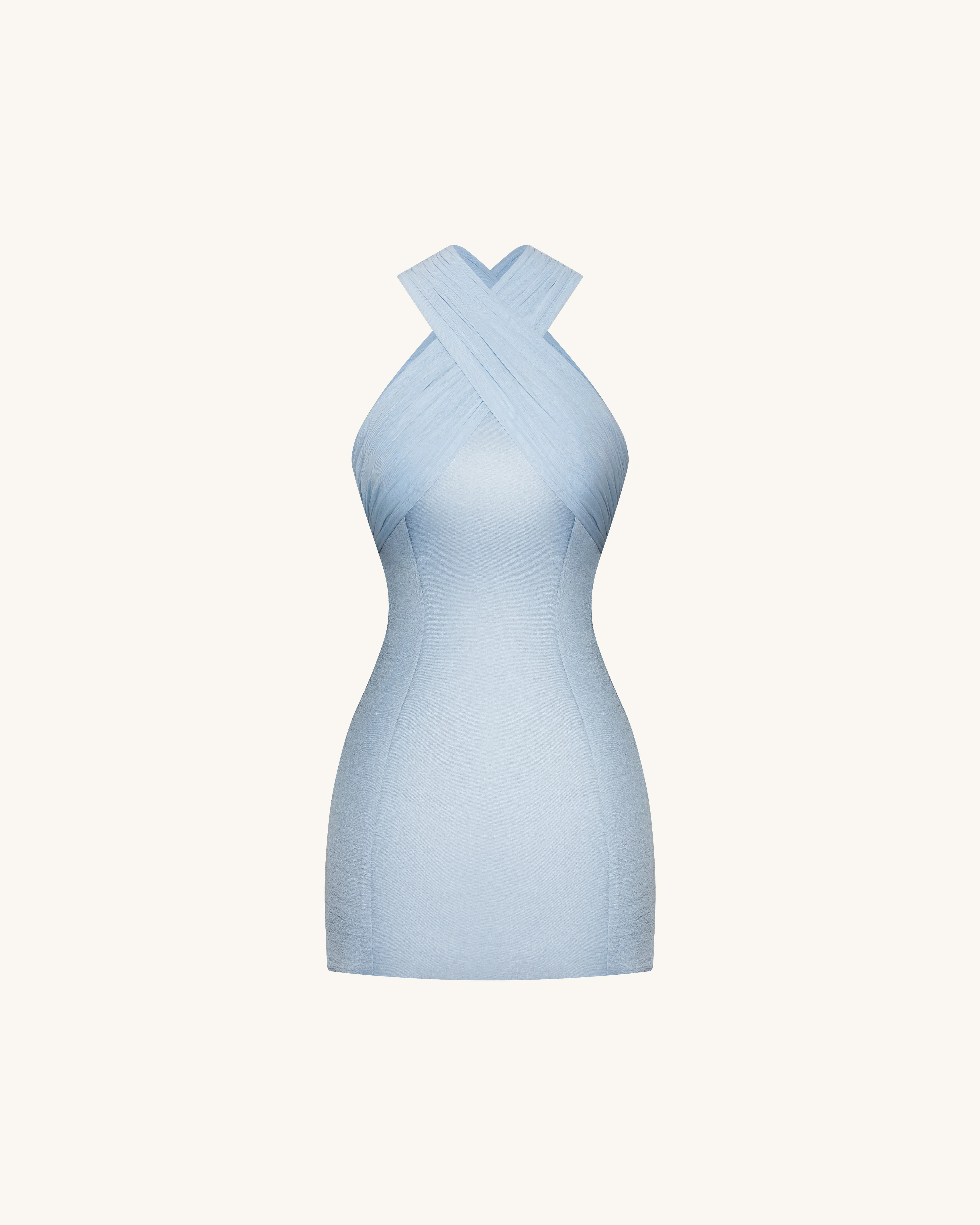 Satin Mini Dress with Tulle Cross-Halter - Blue - FASHION NOB
