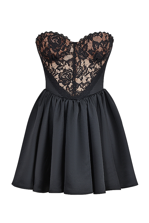 Black Lace And Satin Strapless Mini Dress