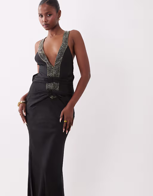 satin dress with embellished straps in black