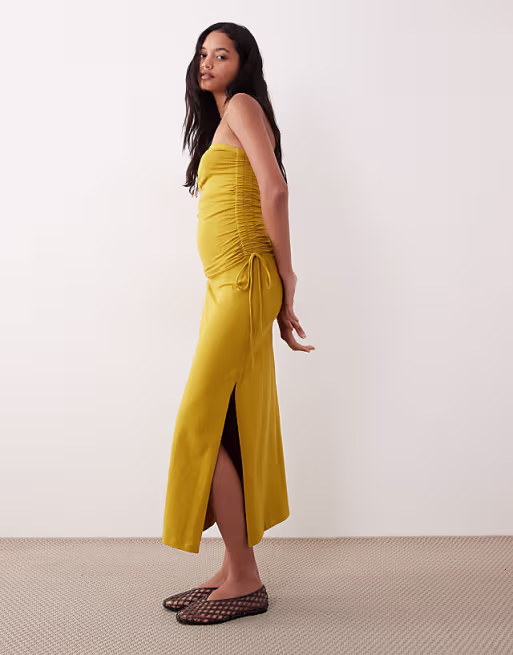 bandeau ruched side midi dress ochre
