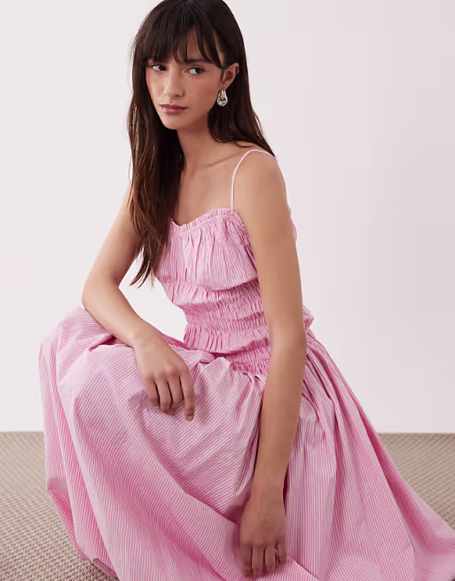shirred cotton poplin maxi sundress with dropped waist in pink stripes