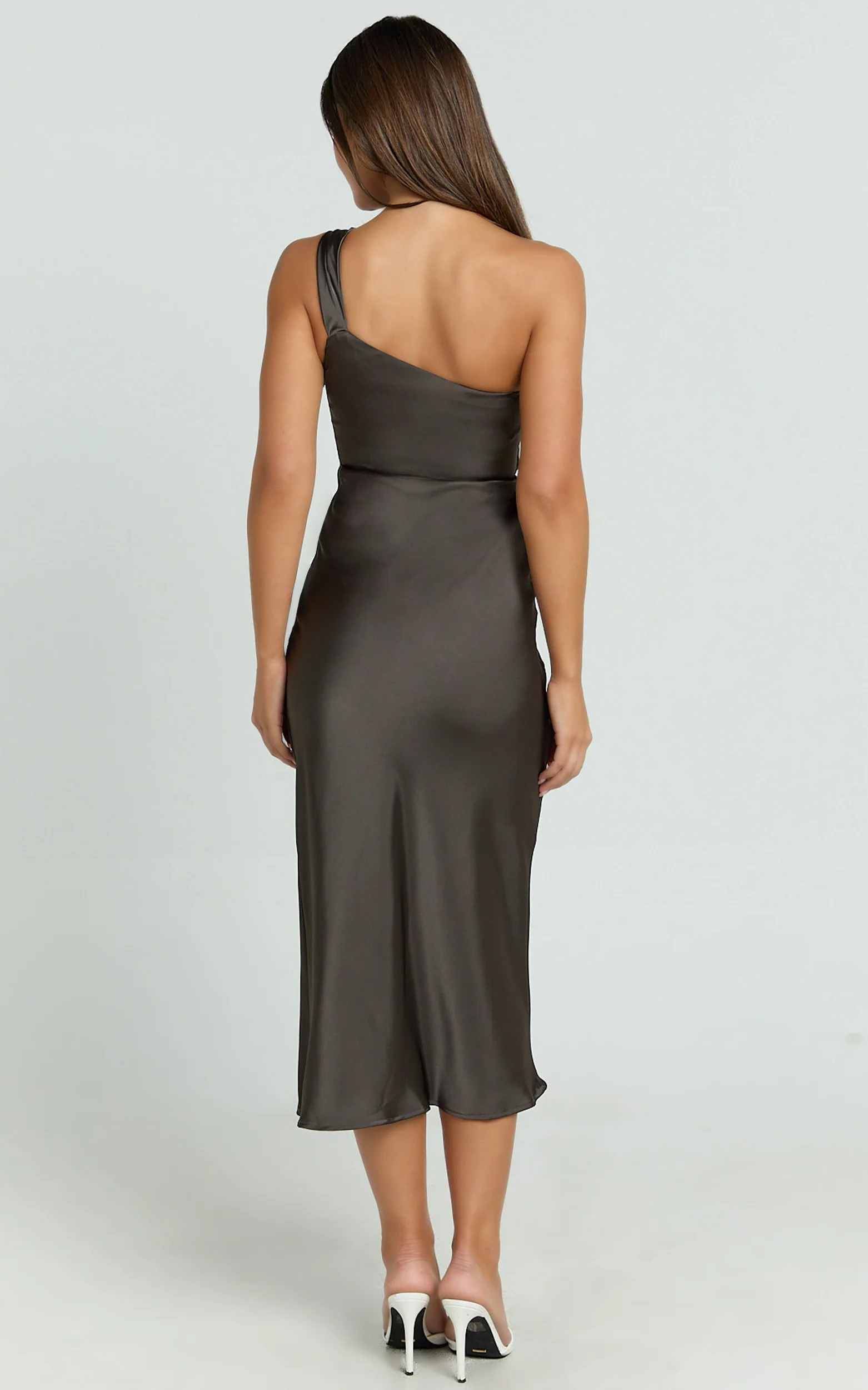 Aria Midi Dress - One Shoulder Twist Detail Satin Bias Cut Dress in Espresso