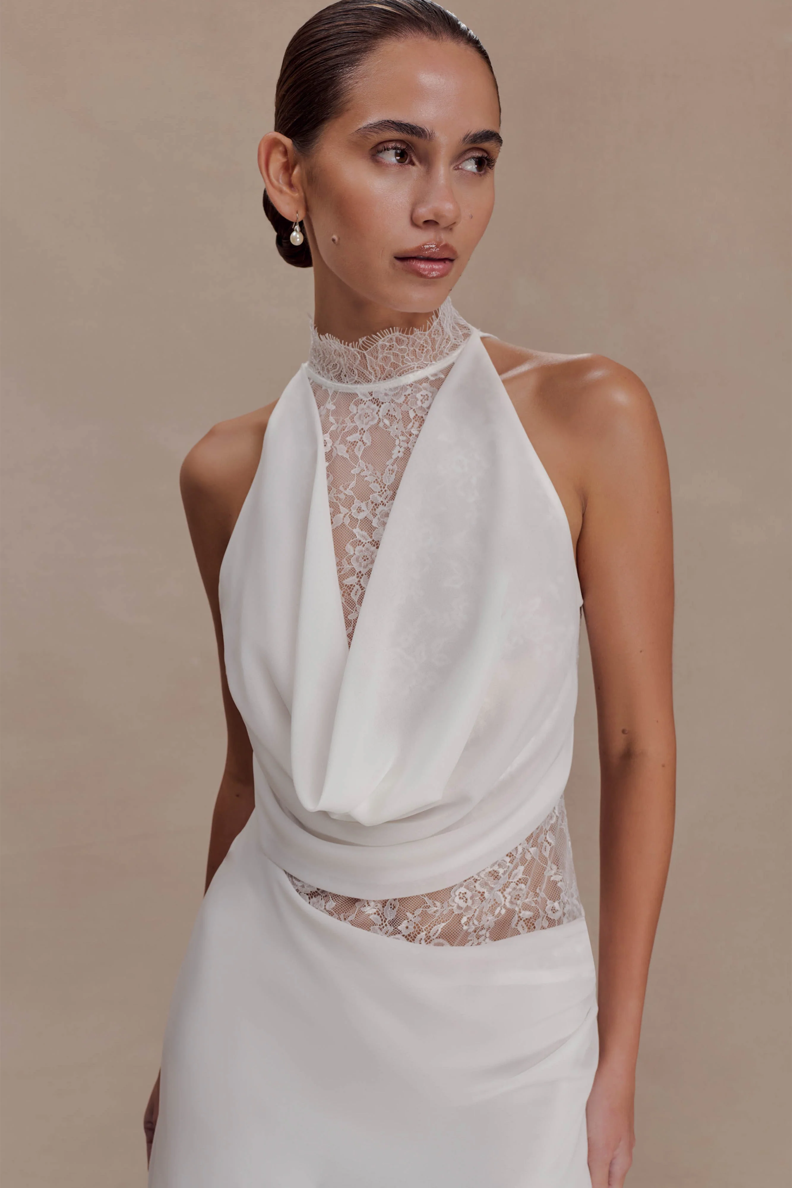 Arra Chiffon And Lace Halter Mini Dress - White
