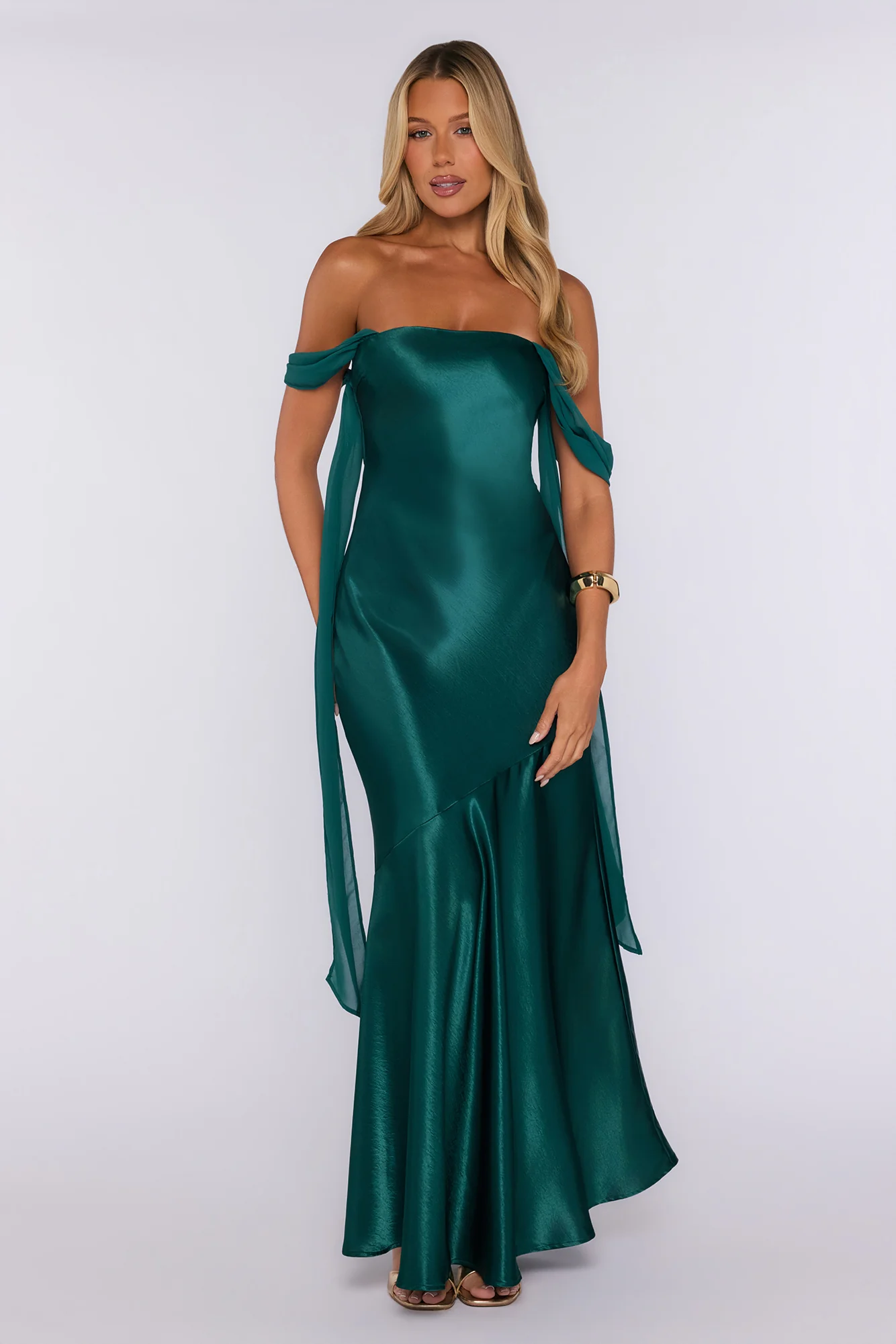 Evening Glam Off Shoulder Satin Maxi Dress Green