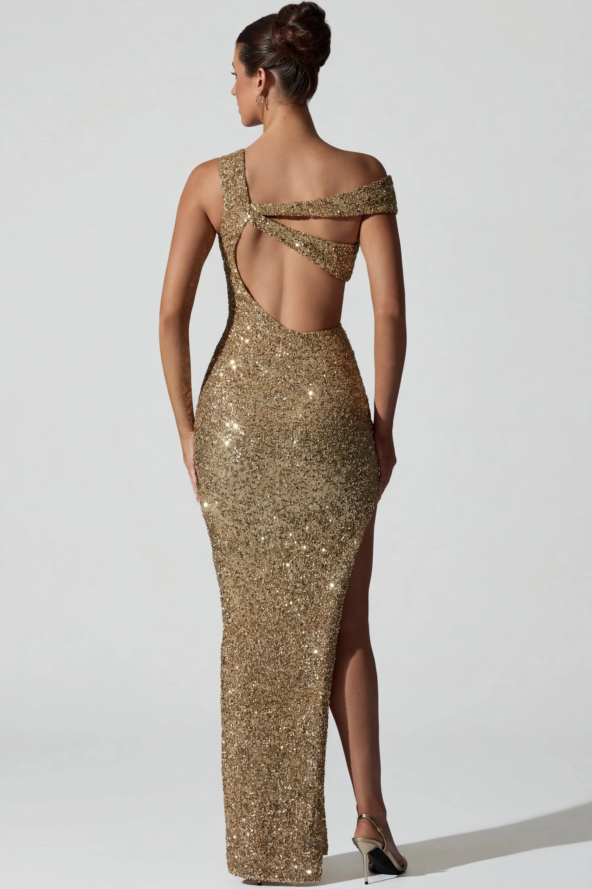 Embellished Asymmetric Cut-Out Gown in Gold
