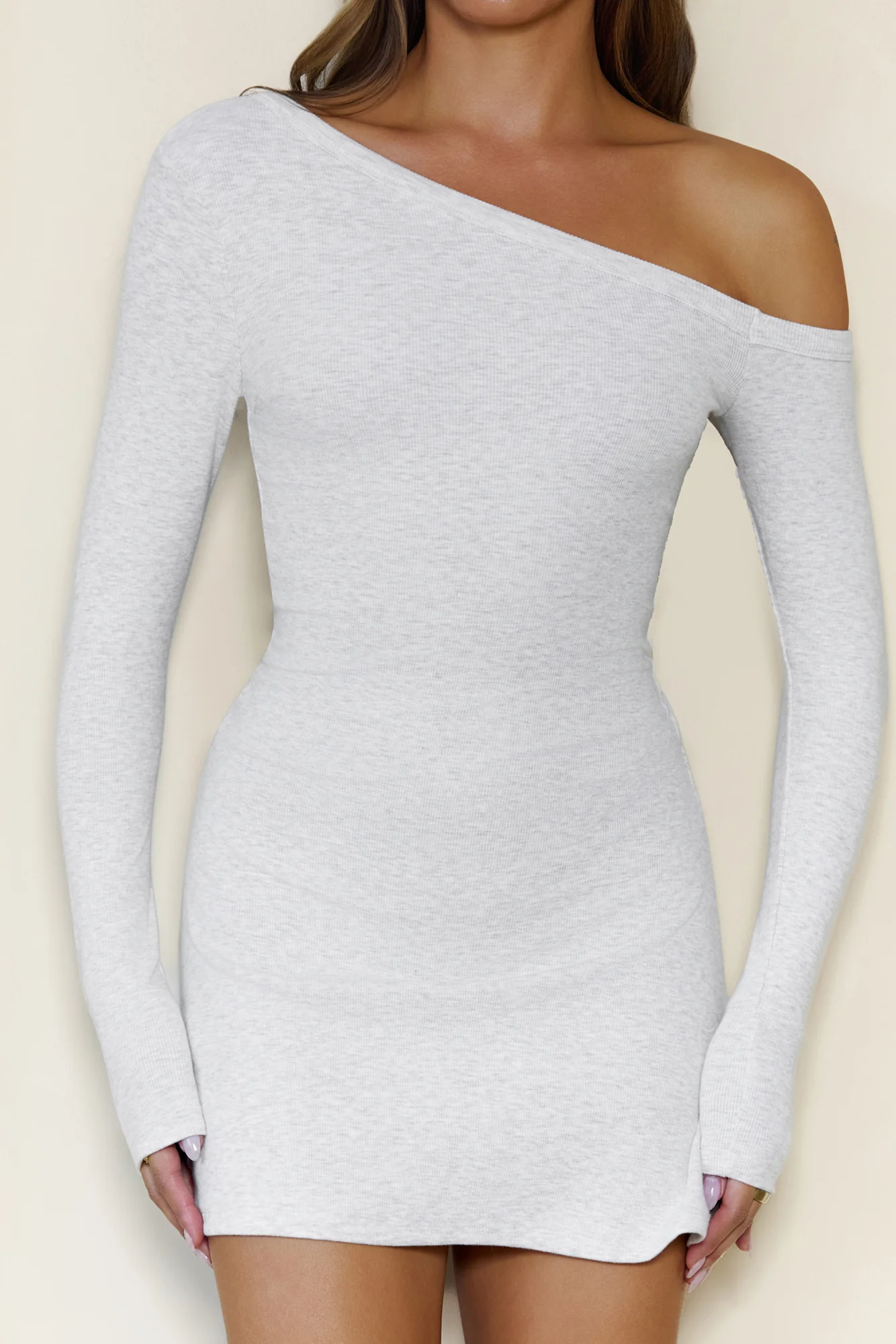 BASE Luxe Rib Off Shoulder Long Sleeve Mini Dress Grey Marle
