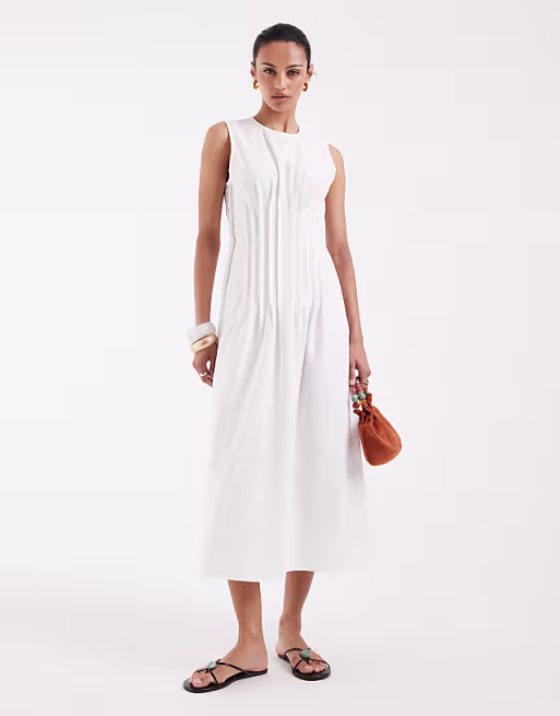 Vero Moda poplin pleated waist sleeveless midi dress in white