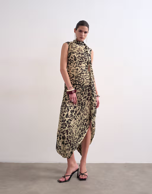 Topshop chiffon scarf neck bubble hem maxi dress in buttermilk abstract animal print