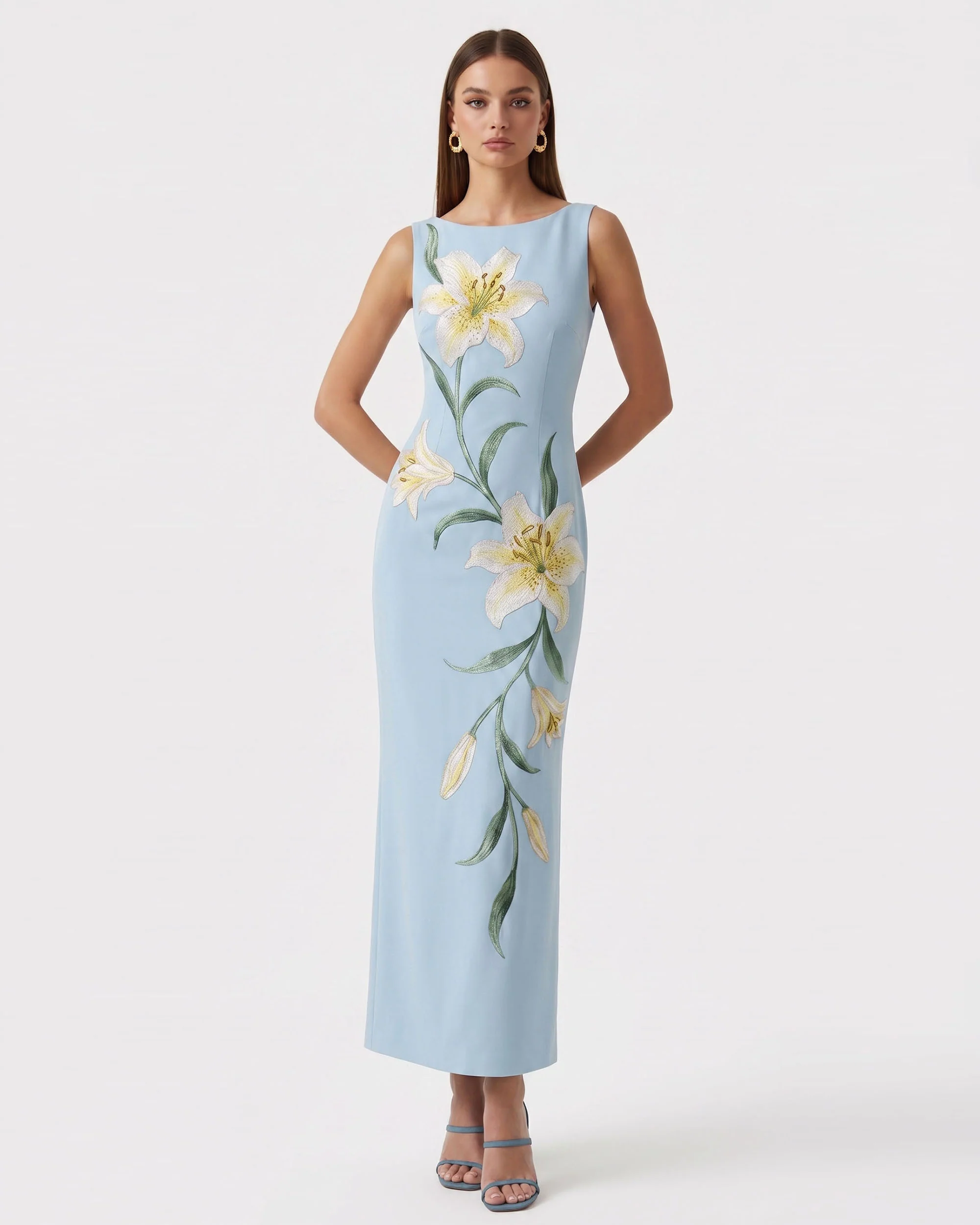 Lily Floral Print Sleeveless Column Maxi Dress - Light Blue