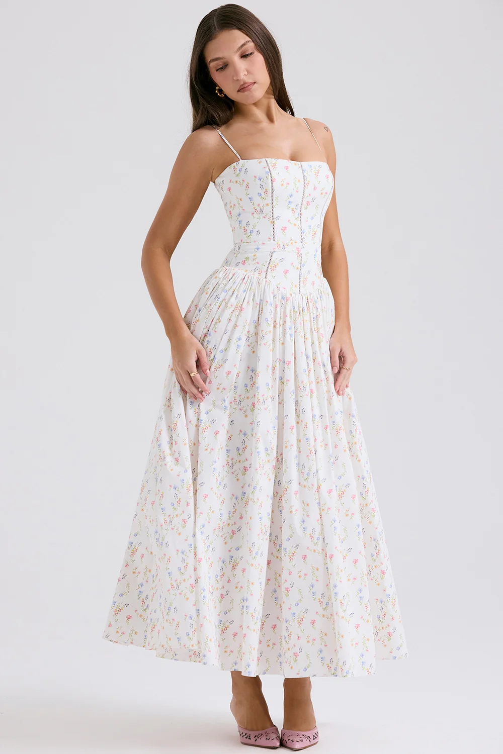 White Posy Print Cotton Maxi Sundress
