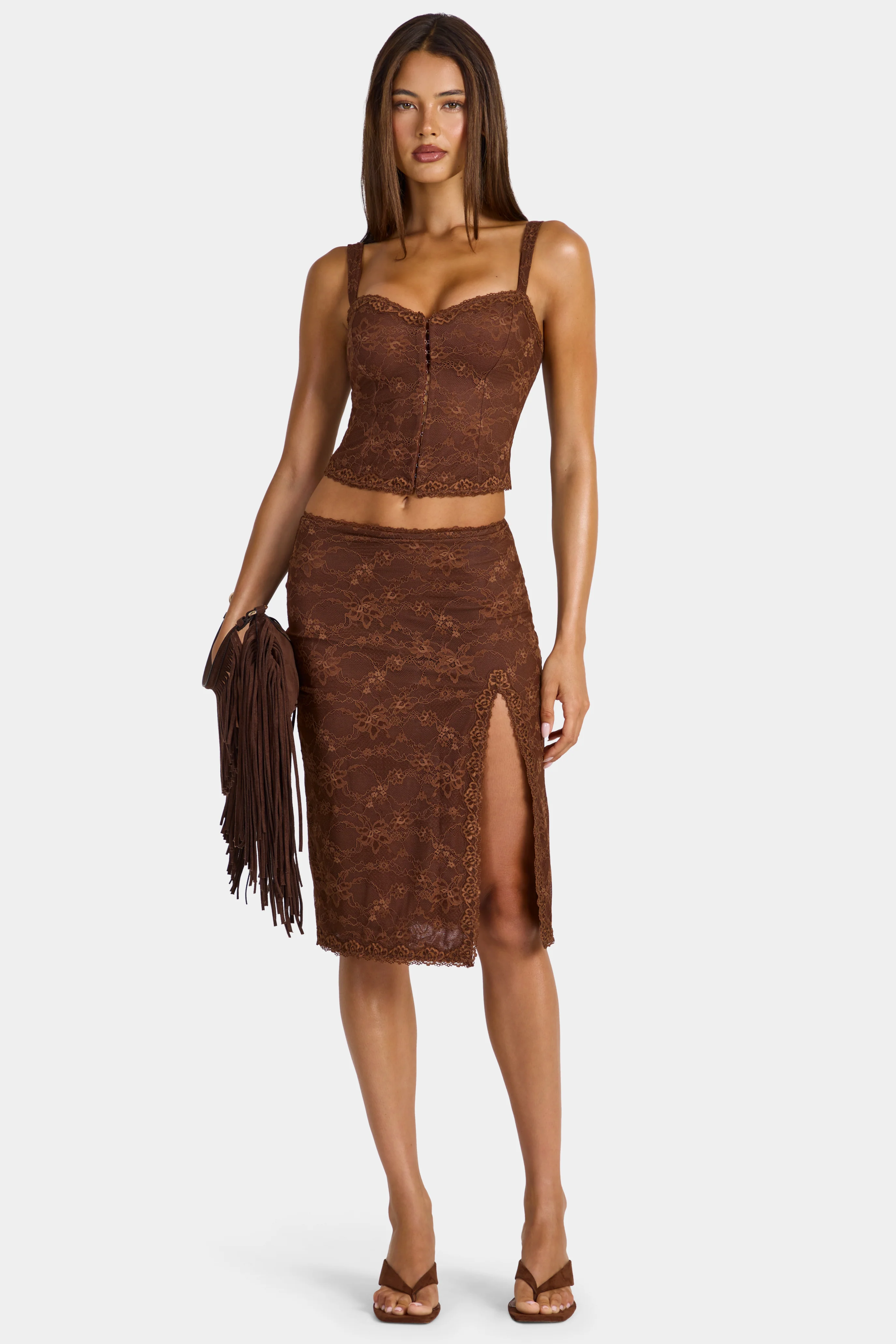 Lace Low-Rise Midi Skirt in Cocoa Brown