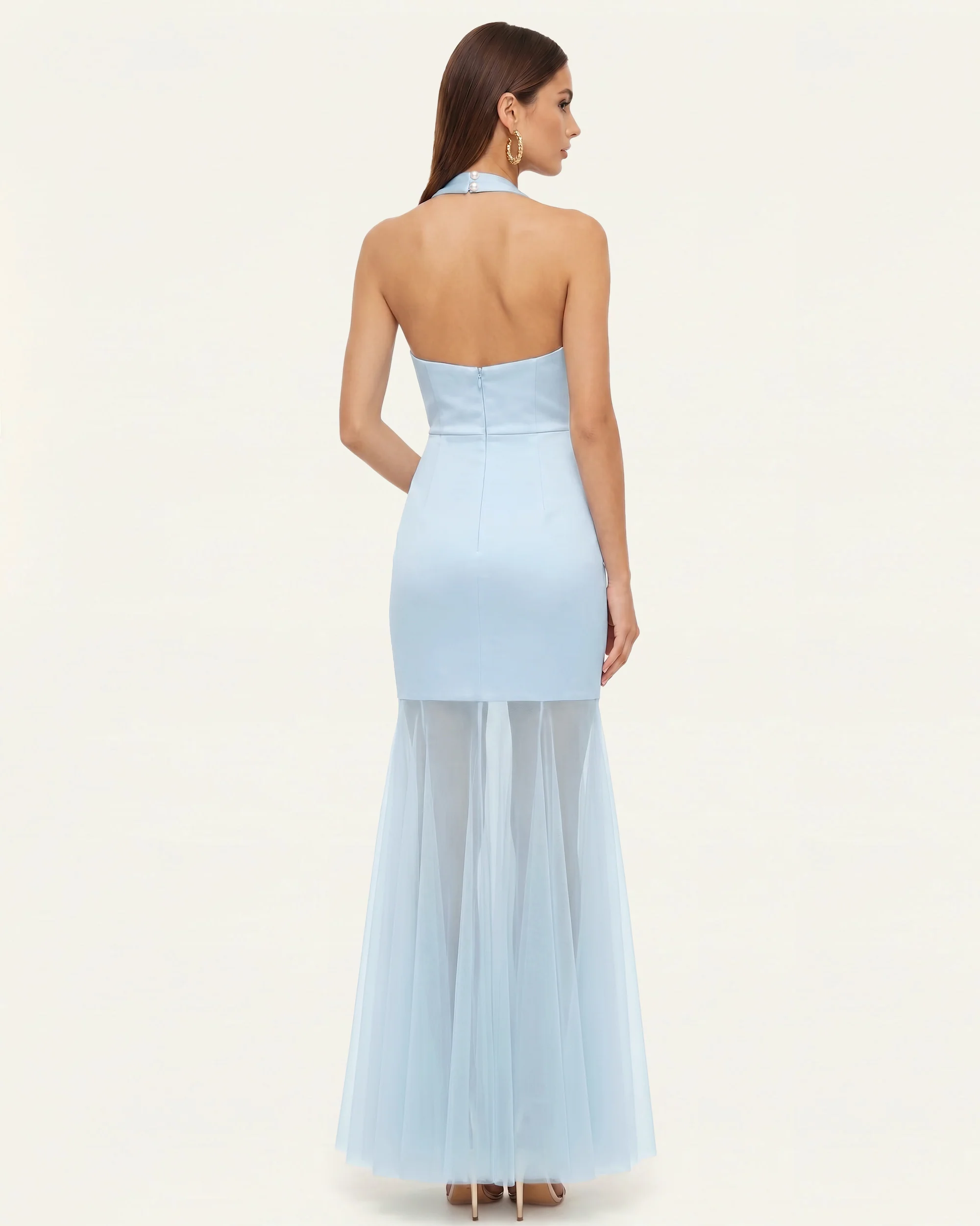 Orchid Embroidered Sheer Hem Halter Maxi Dress - Light Blue - FASHION NOB