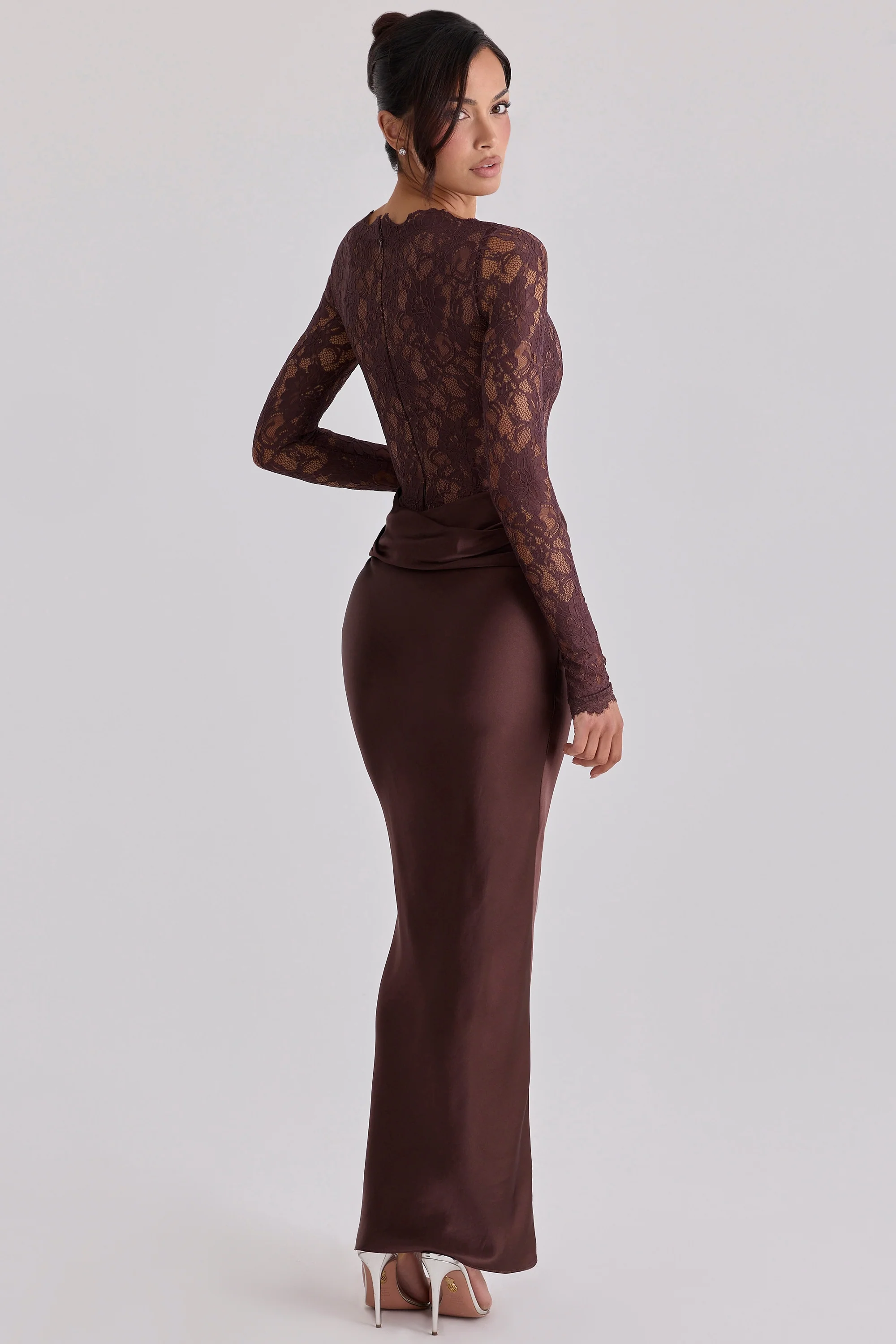 Espresso Brown Lace + Satin Draped Maxi Dress
