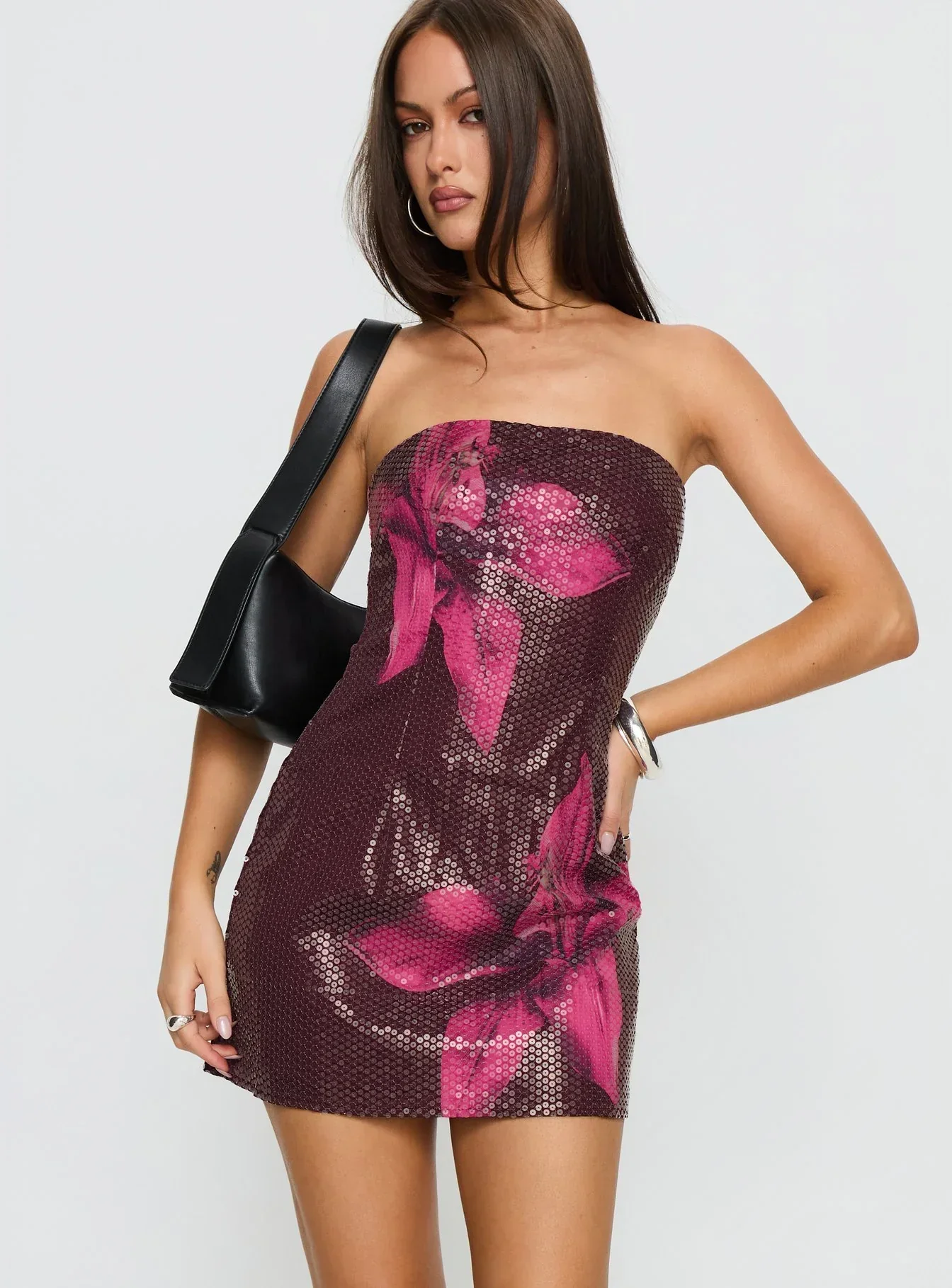 Desiri Strapless Sequin Mini Dress Brown / Pink Floral - luluinthesky