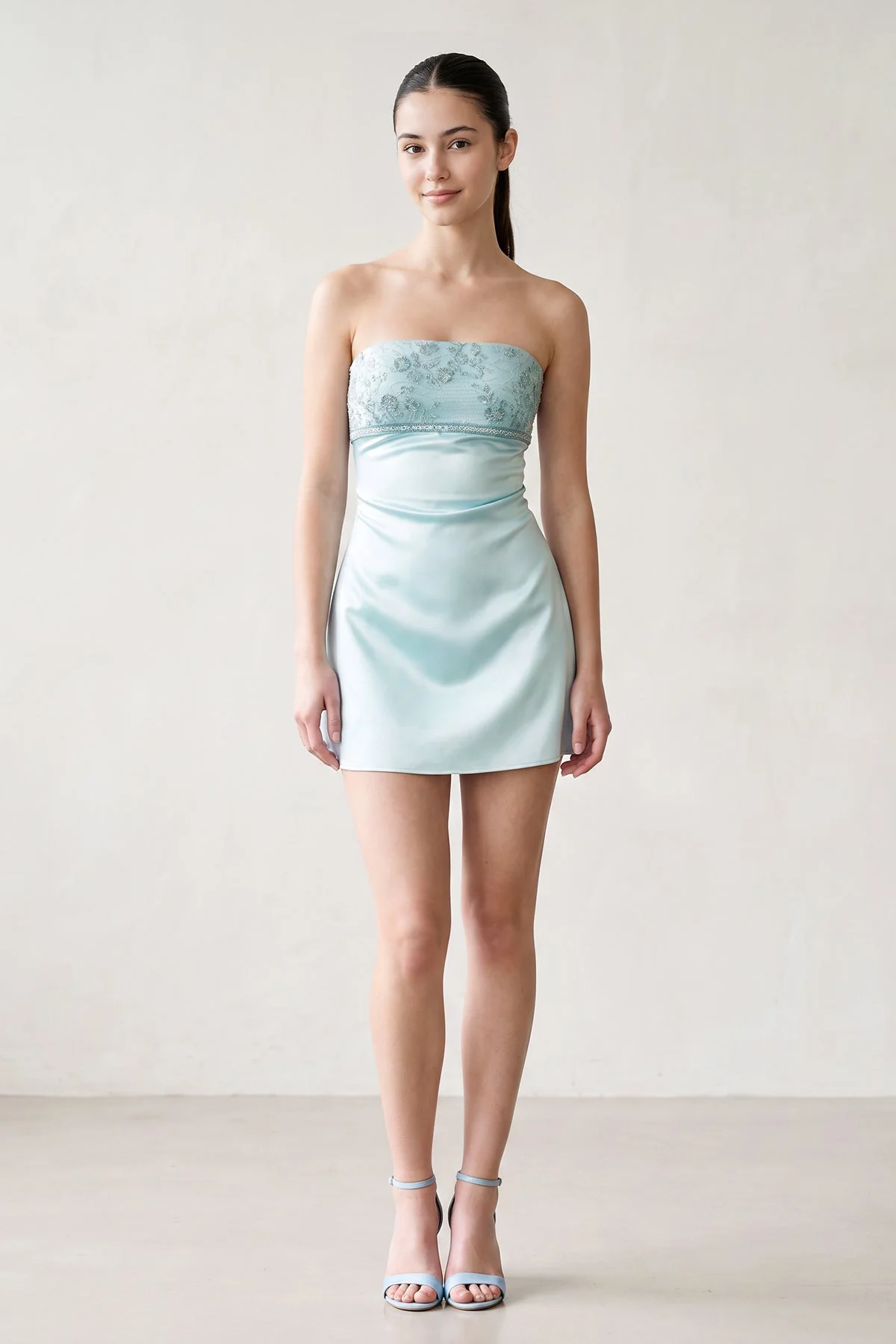 Aqua Strapless Appliqued Satin Sheath Homecoming Dress