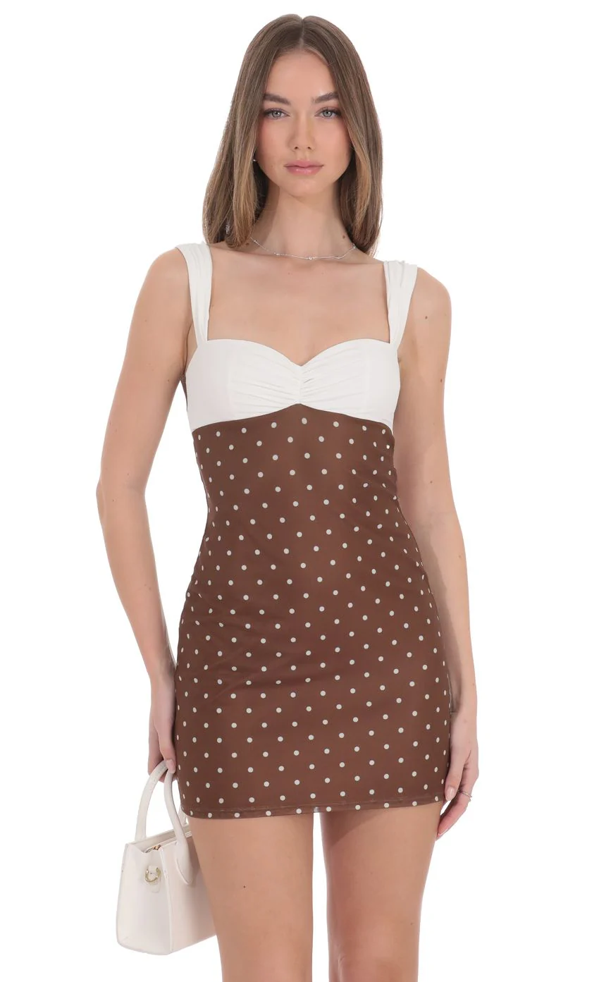 Two-Tone Polka Dot Mesh Bodycon Dress in Brown