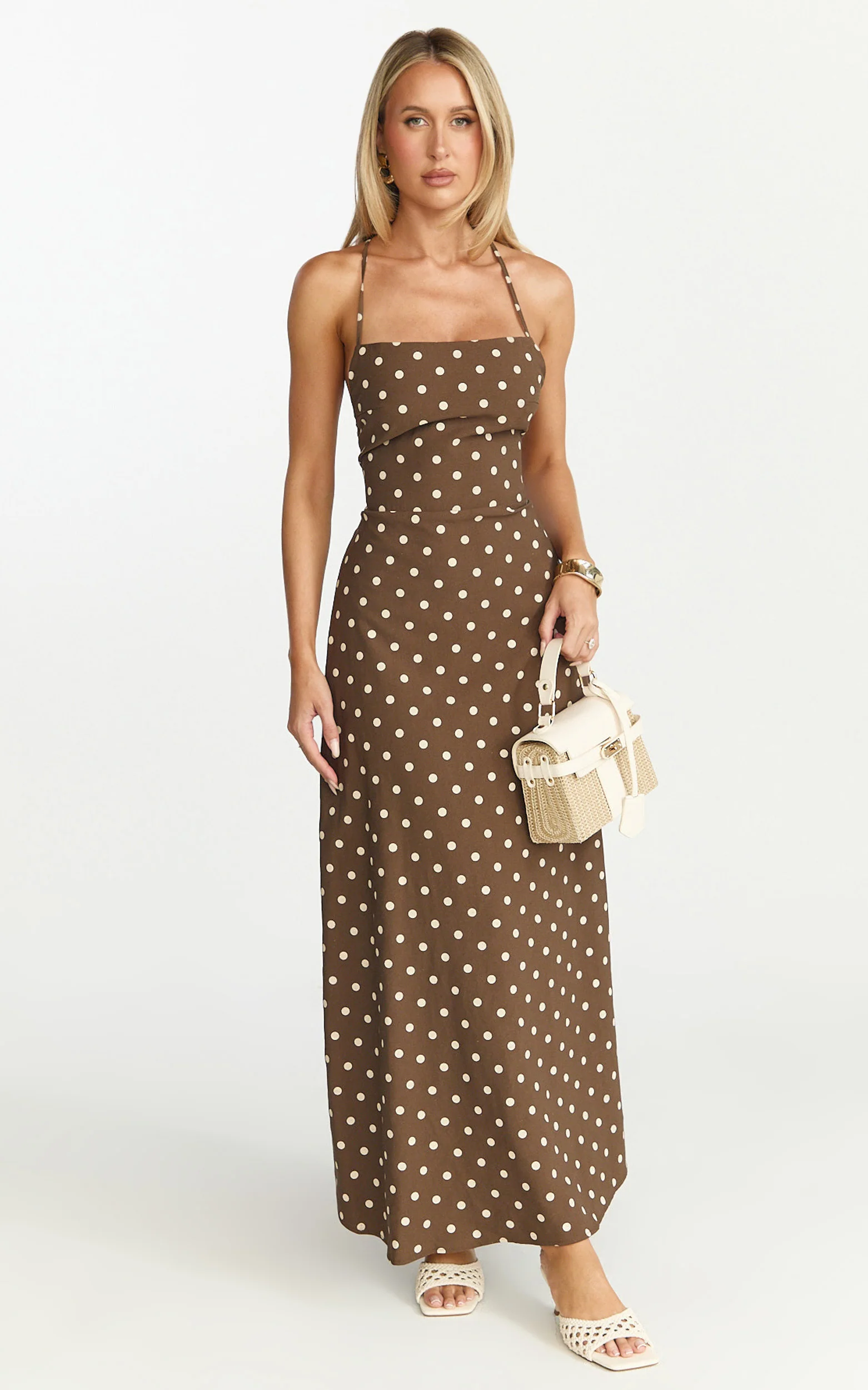 Leighton Maxi Dress - Cross Over Spaghetti Straps Square Neck A Line Dress in Choc/Cream Polka Dot