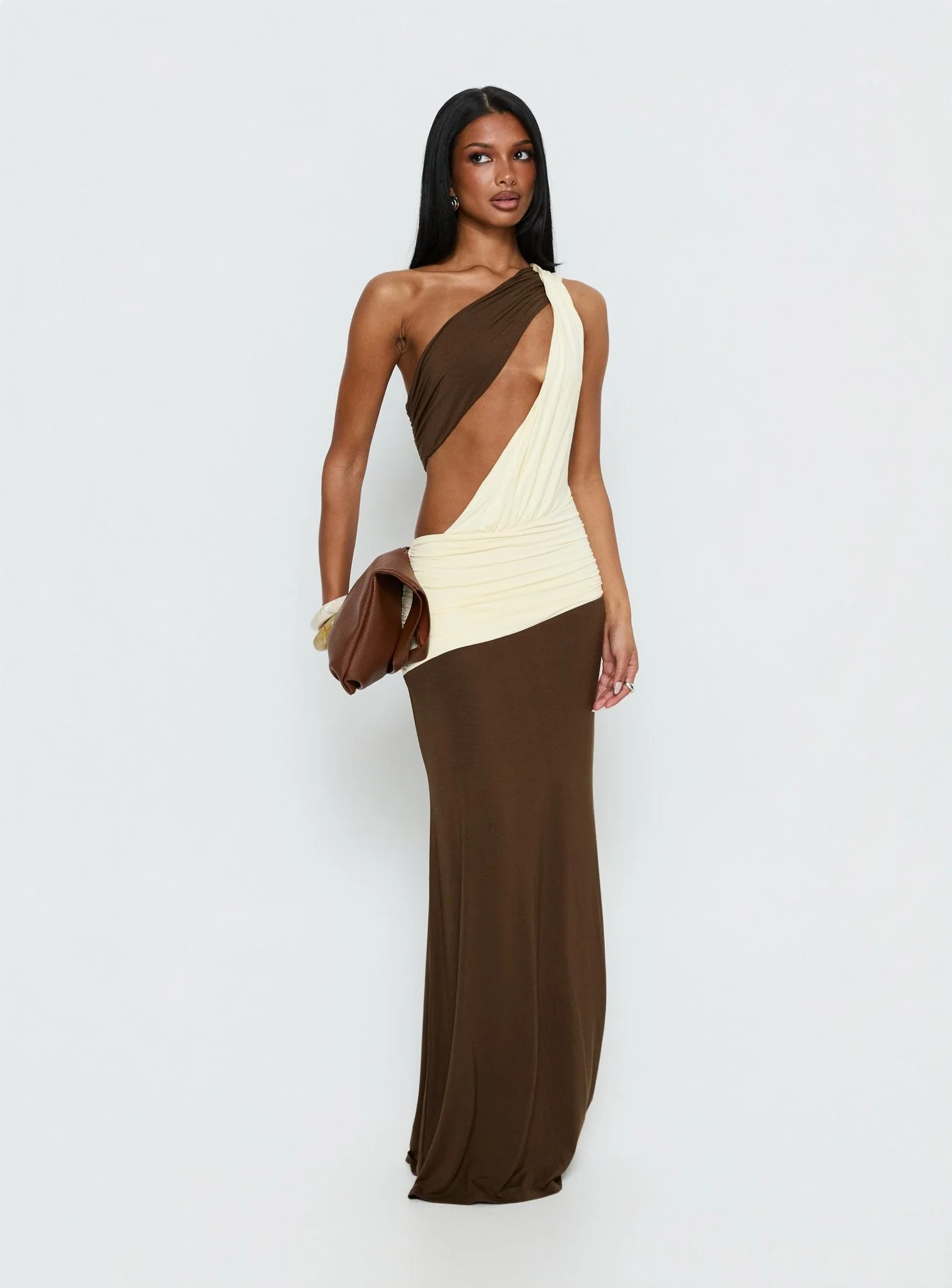 Loletta Draped One Shoulder Maxi Dress Chocolate / Yellow