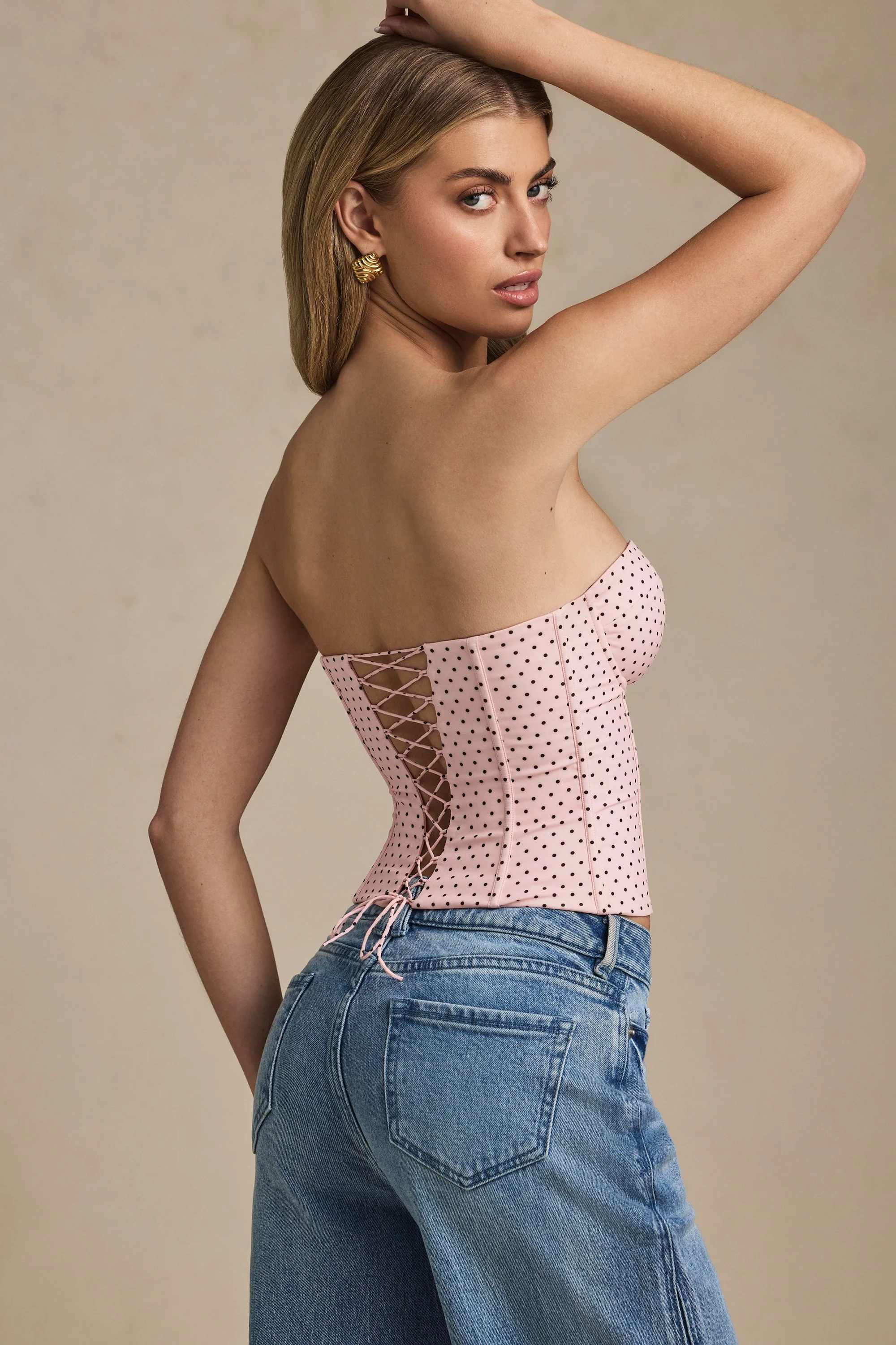 Lace-Up Strapless Corset Top in Pink Polka Dot