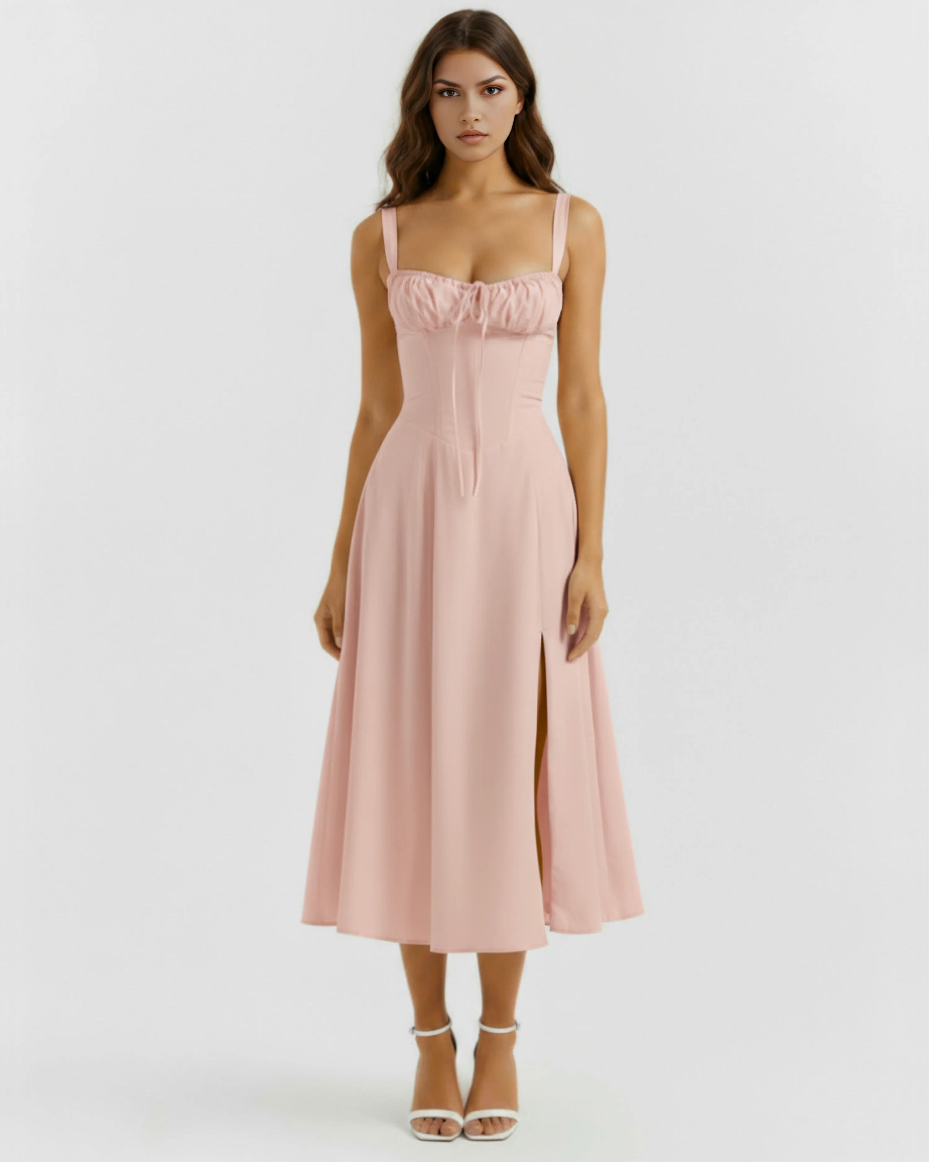Pink Cotton Midi Dress with Corset & Side Split