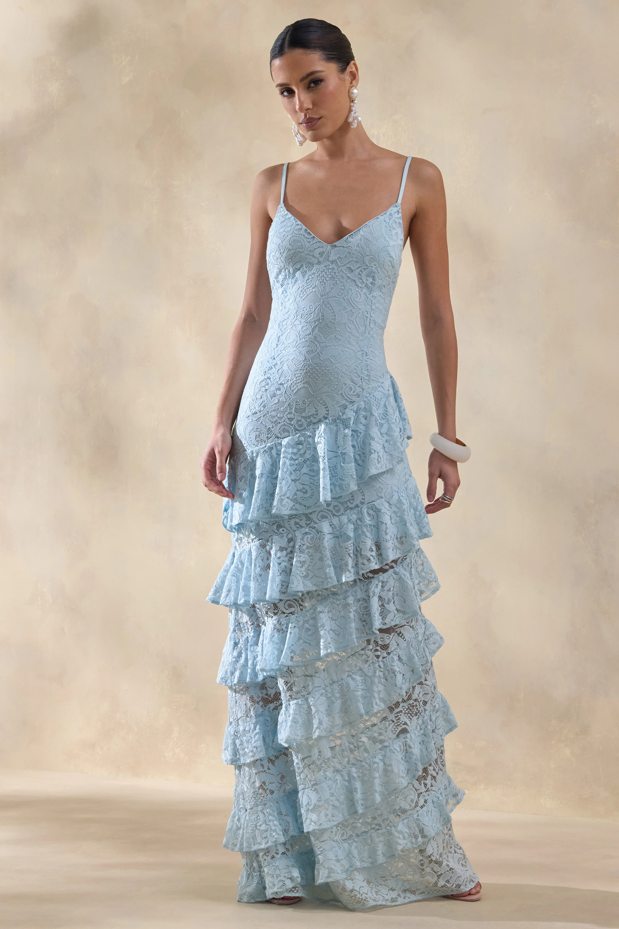 Avelisse | Blue Lace Plunge-Neck Maxi Dress With Ruffled Detailing