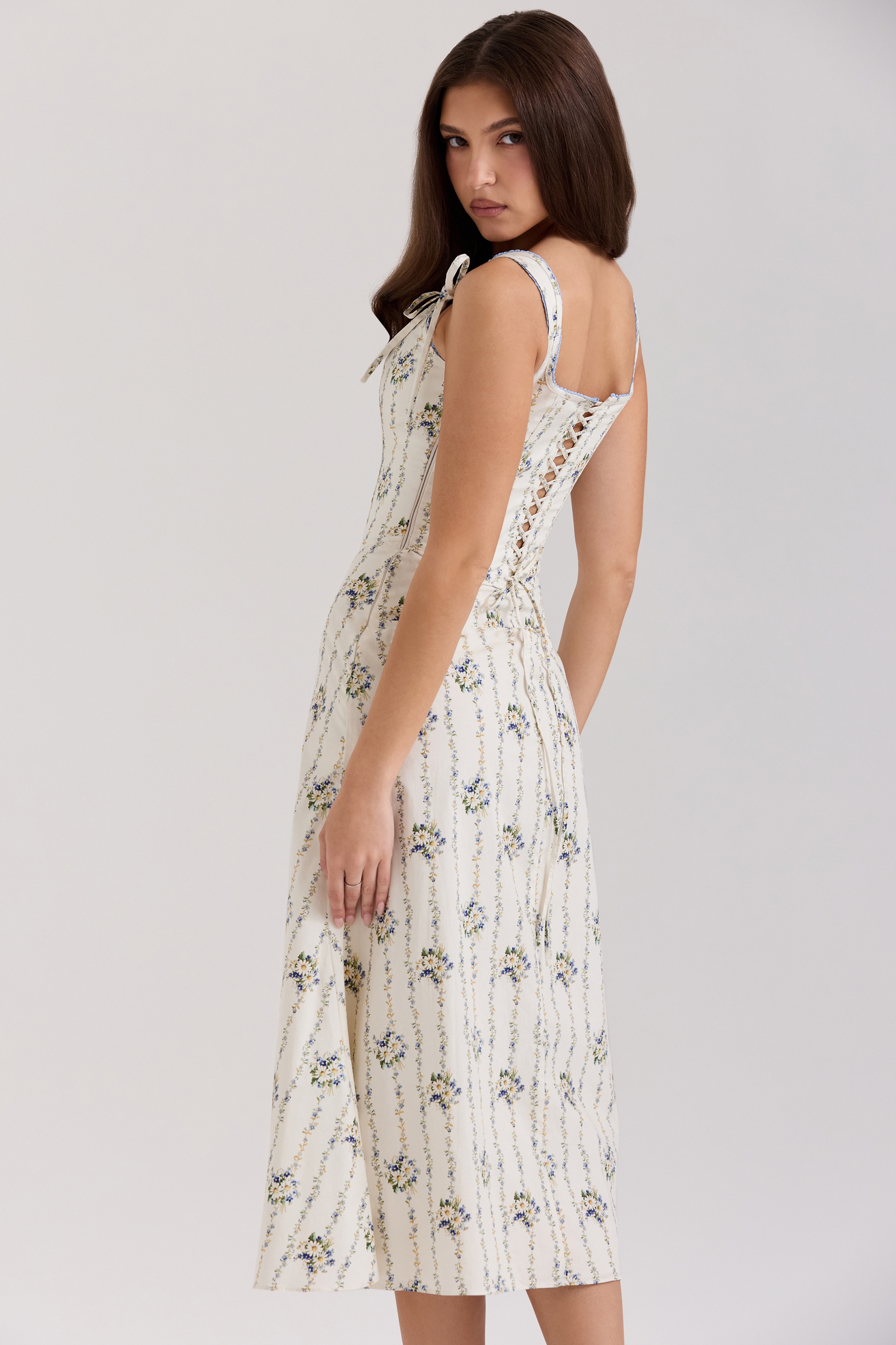 cream daisy print stretch cotton midi dress