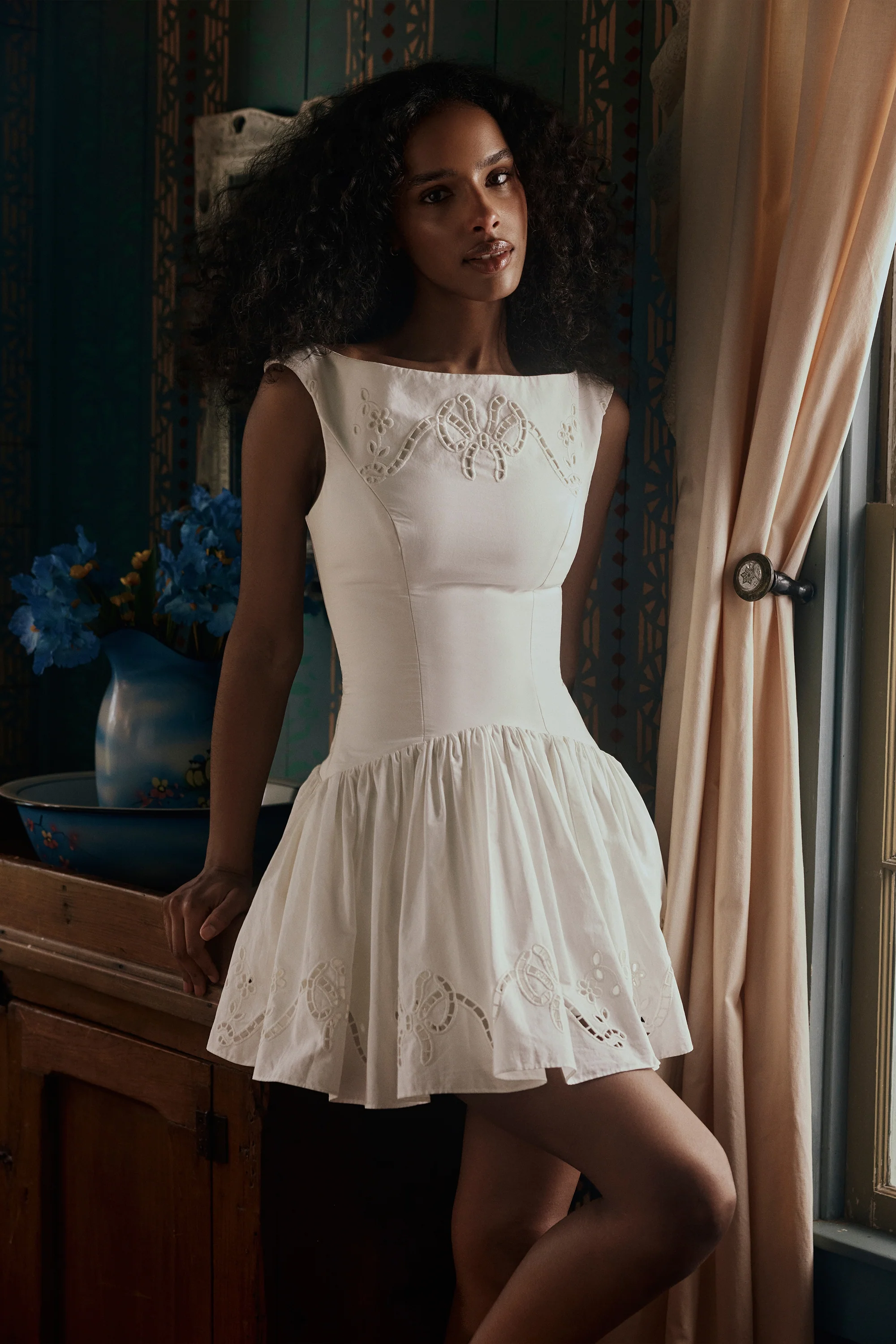 white cotton broderie anglaise boat neck mini dress - luluinthesky