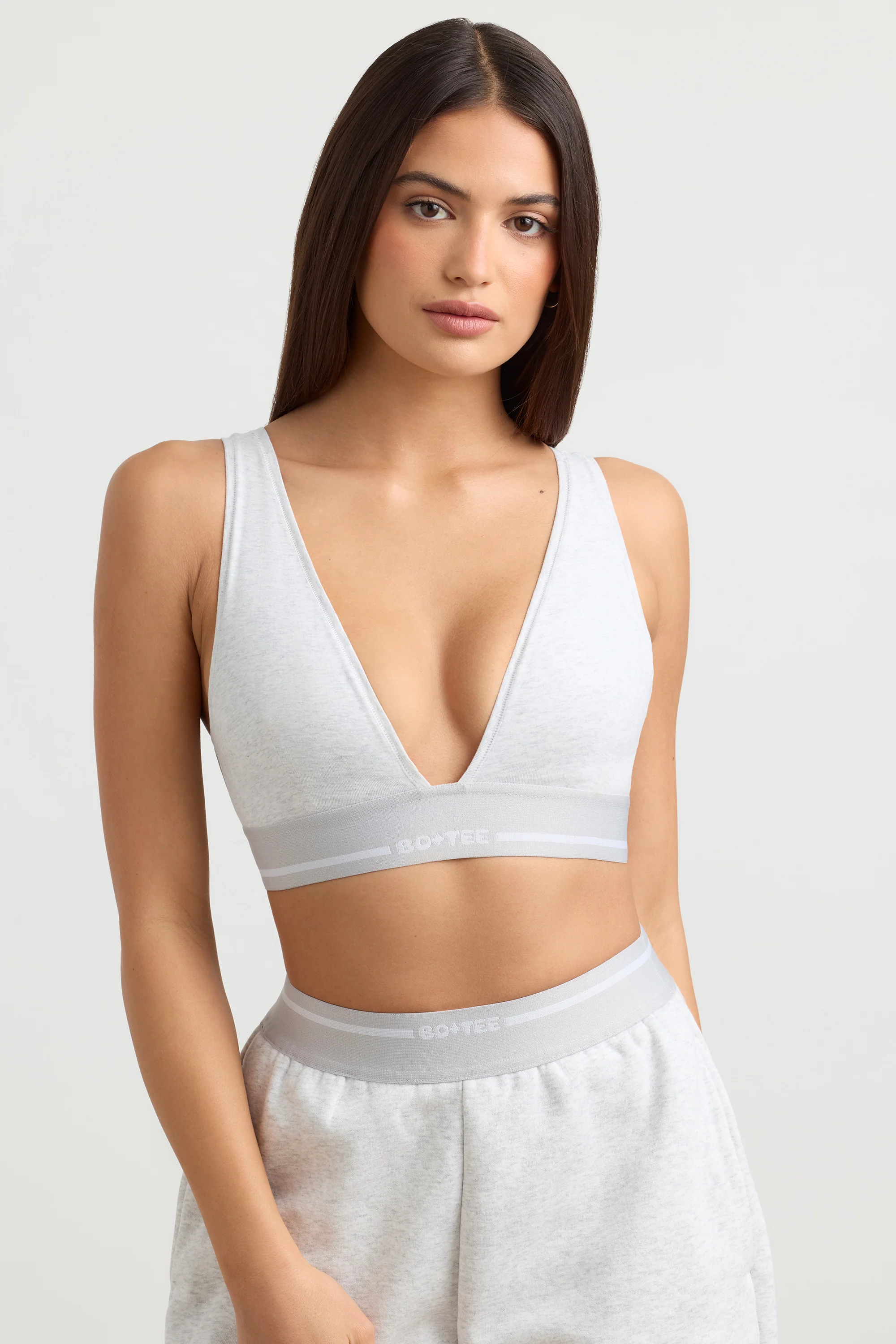 Stretch Cotton Jersey Plunge-Neck Crop Top in Grey Marl