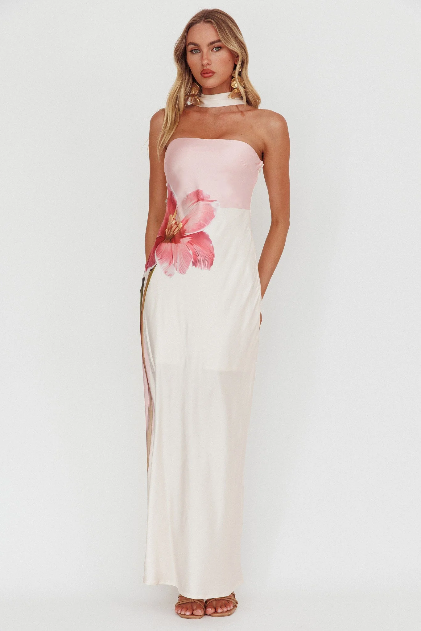 Damsel Reverse Halter Maxi Dress Flower Pink